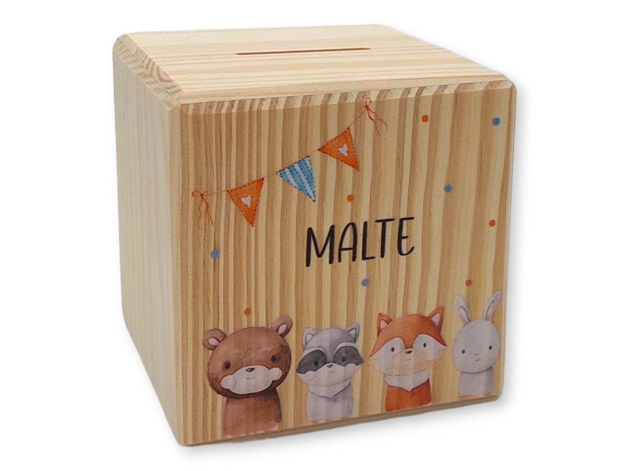 Holzspardose "Woodland Tiere" personalisiert mit Namen