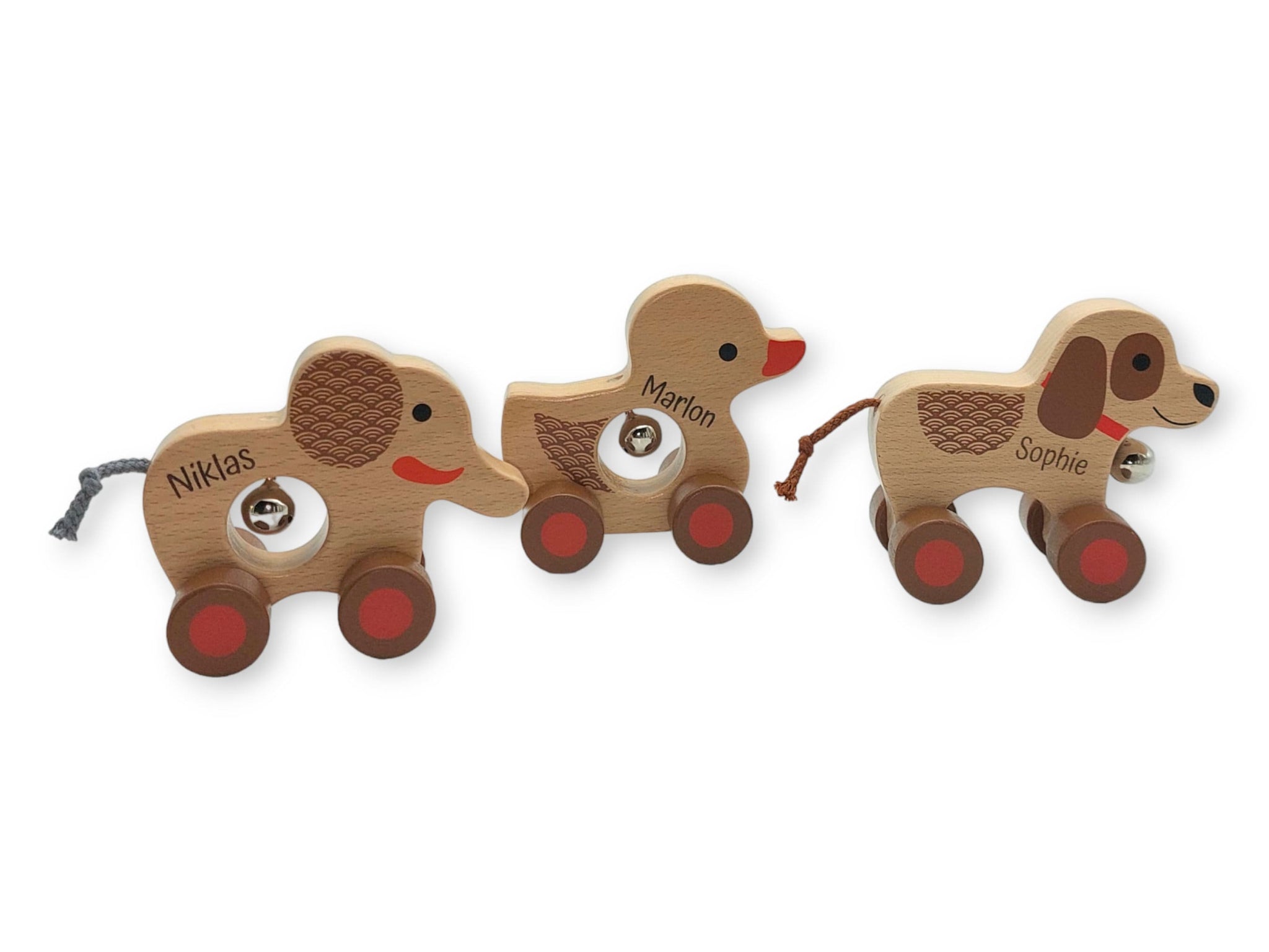 Rollertier mit Glocke personalisiert mit Name, Schiebtier, Holztier