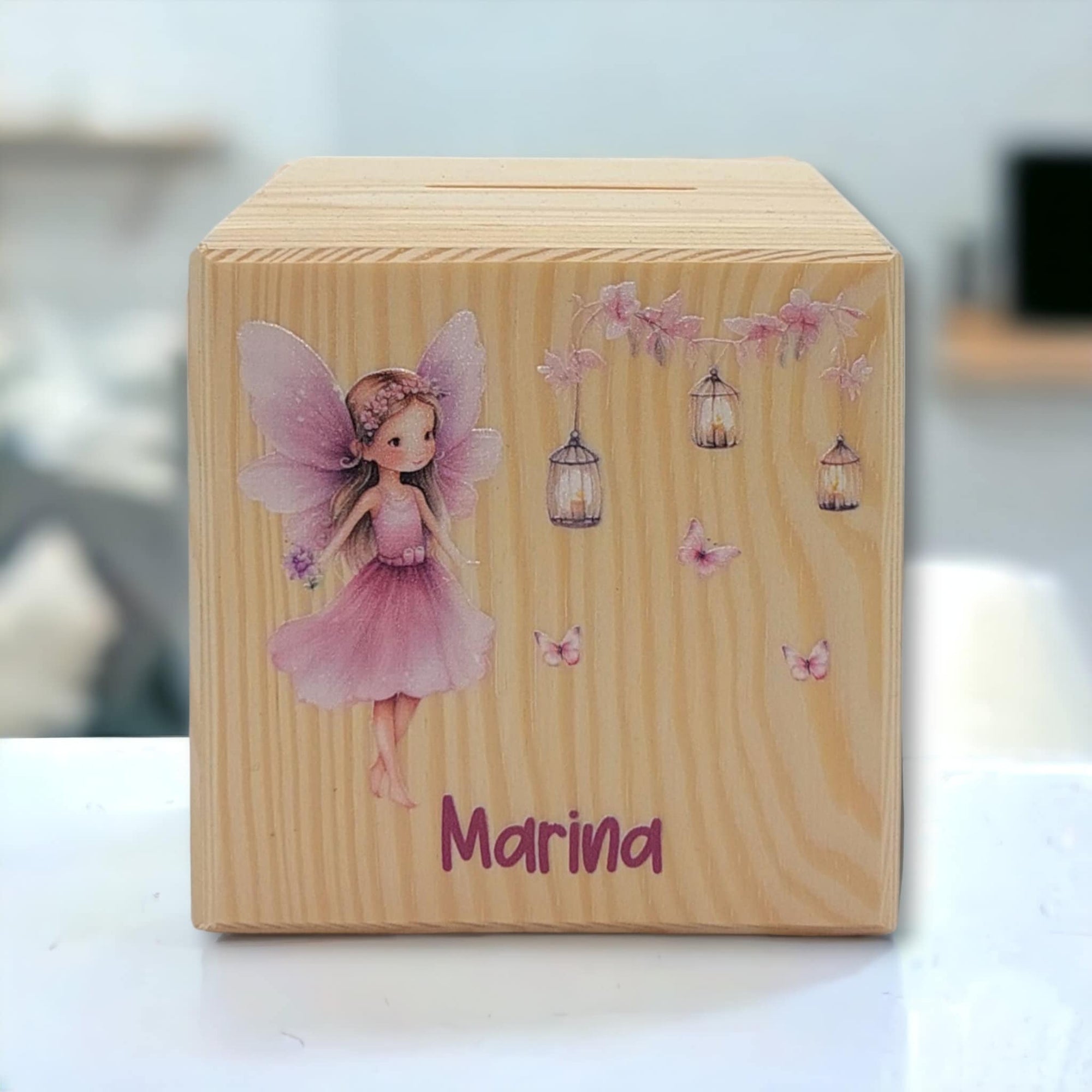 Holzspardose "Fee Schmetterlinge" personalisiert mit Namen, Spardose