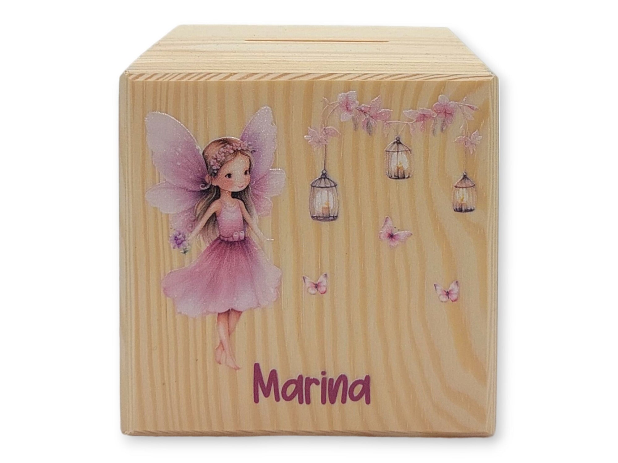 Holzspardose "Fee Schmetterlinge" personalisiert mit Namen, Spardose