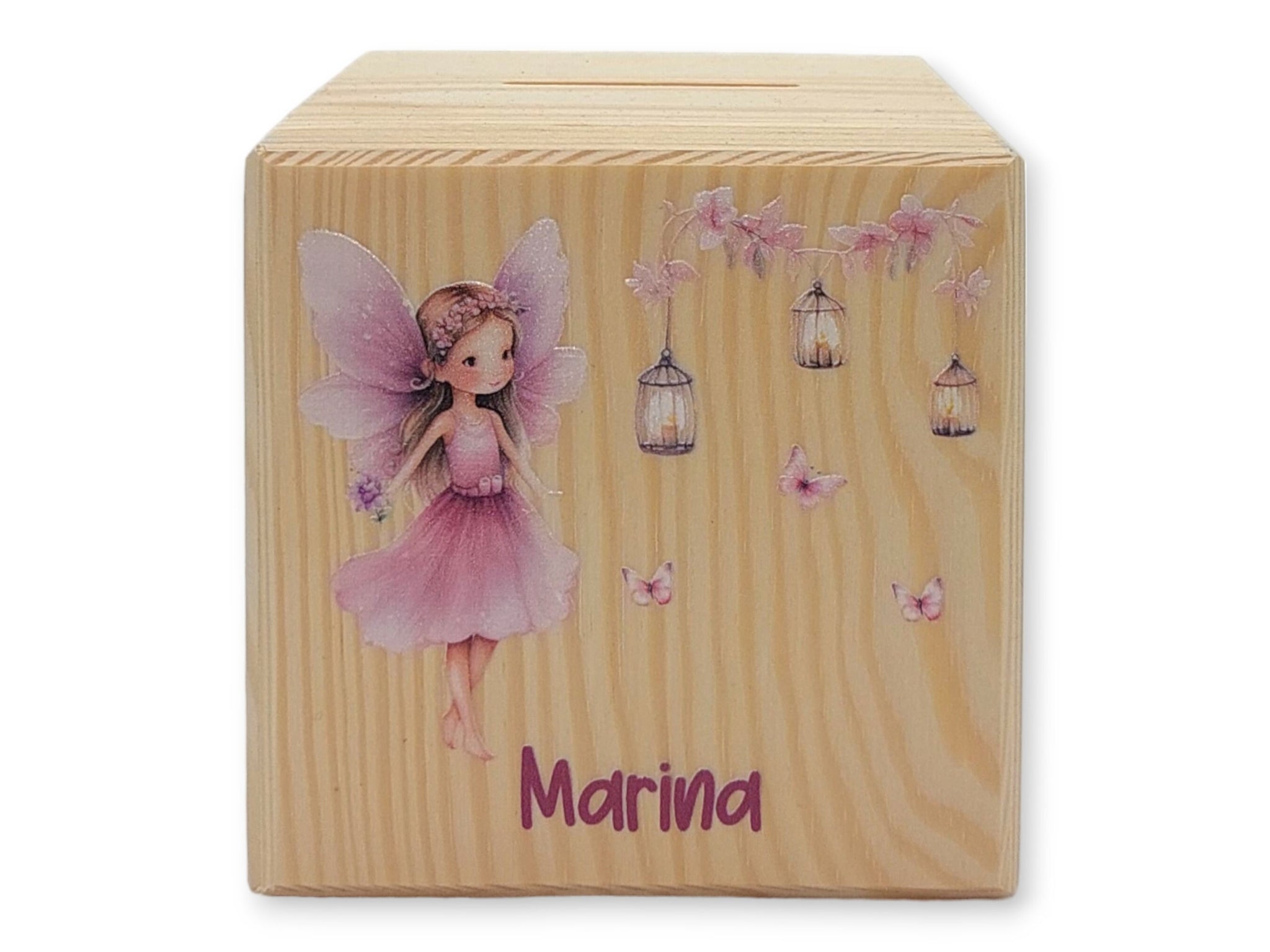 Holzspardose "Fee Schmetterlinge" personalisiert mit Namen, Spardose