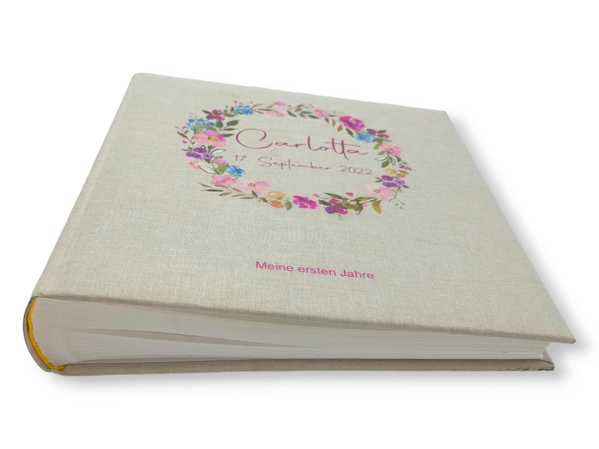 Fotoalbum personalisiert Baby, "Blumenkranz" Leinen, Erinnerungsalbum