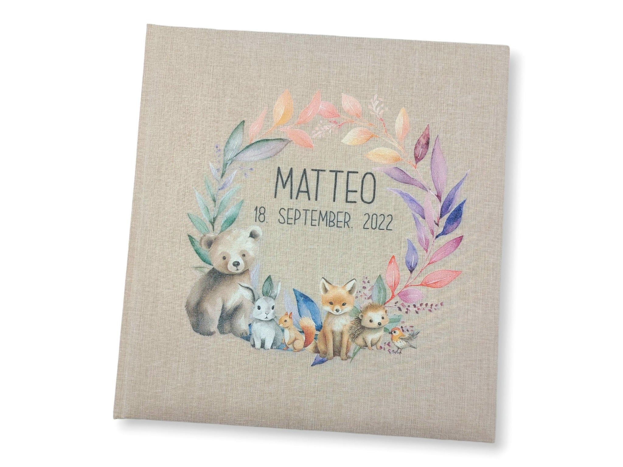 Fotoalbum personalisiert Baby, Kind "Forest Tiere Kranz" Leinen, Erinnerungsalbum
