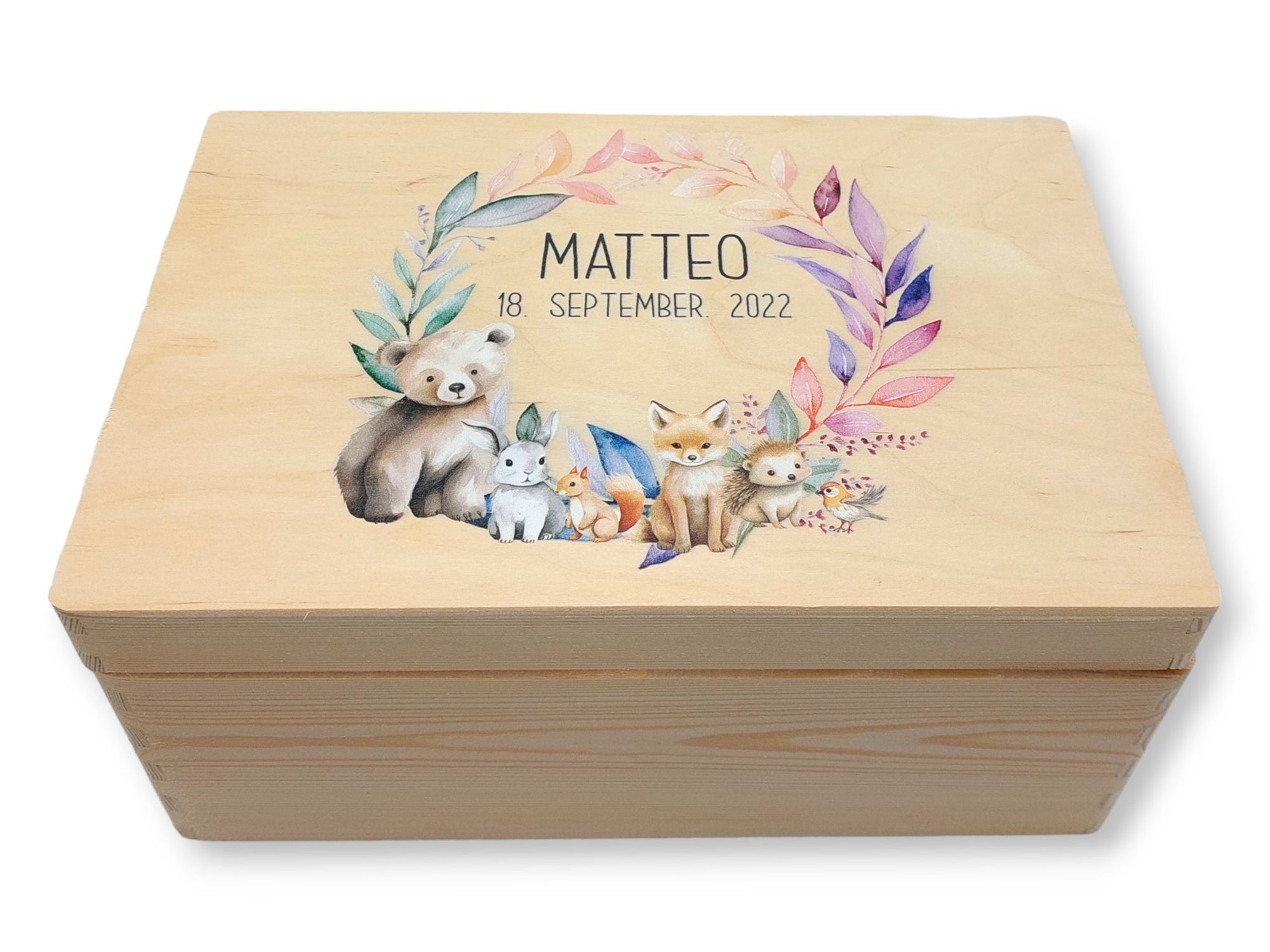 Erinnerungskiste Baby mit Namen "Forest Tiere Kranz" Geburtsdatum Erinnerungsbox für Kinder, Erinnerungskiste Holz, Geschenkidee Geburt