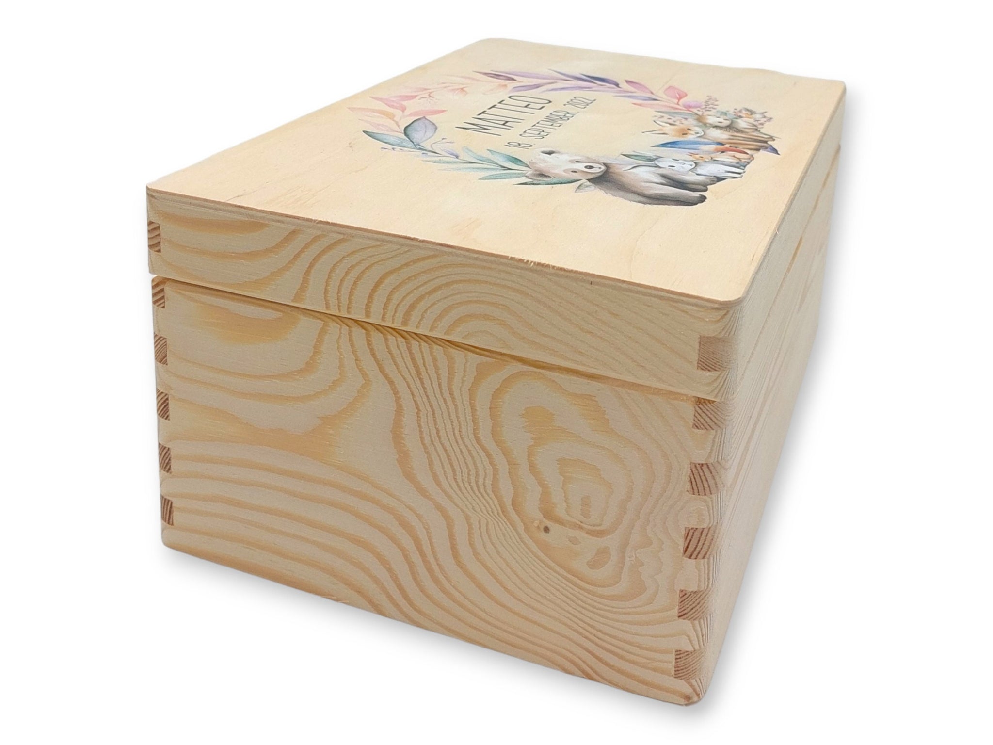 Erinnerungskiste Baby mit Namen "Forest Tiere Kranz" Geburtsdatum Erinnerungsbox für Kinder, Erinnerungskiste Holz, Geschenkidee Geburt