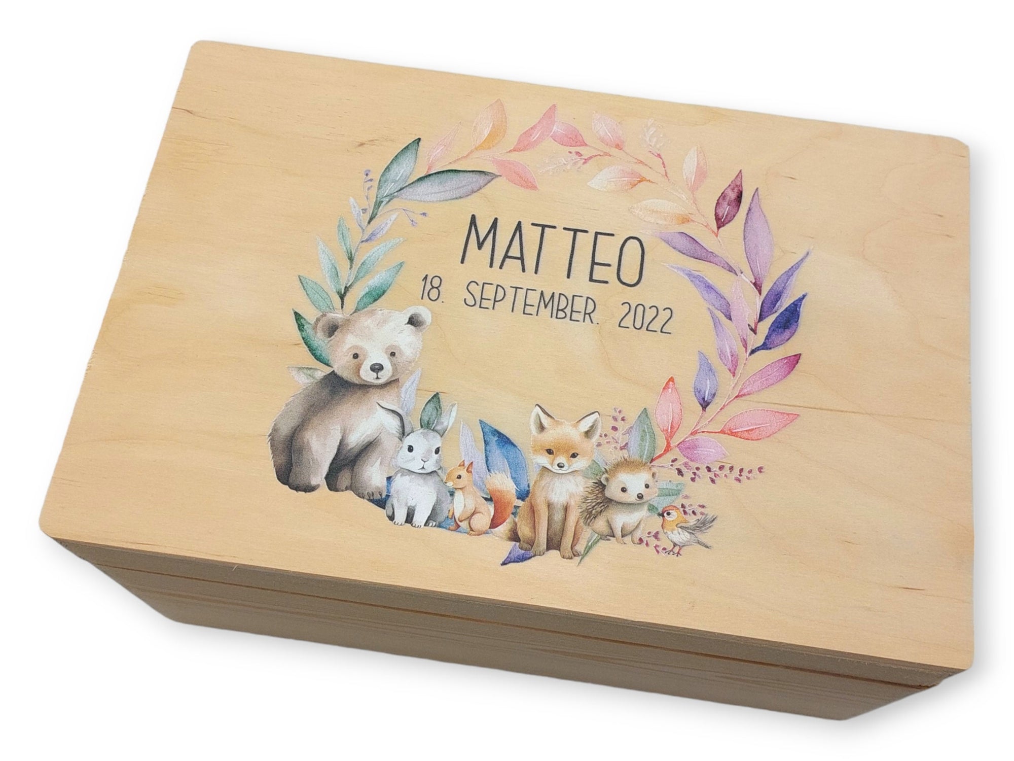 Erinnerungskiste Baby mit Namen "Forest Tiere Kranz" Geburtsdatum Erinnerungsbox für Kinder, Erinnerungskiste Holz, Geschenkidee Geburt