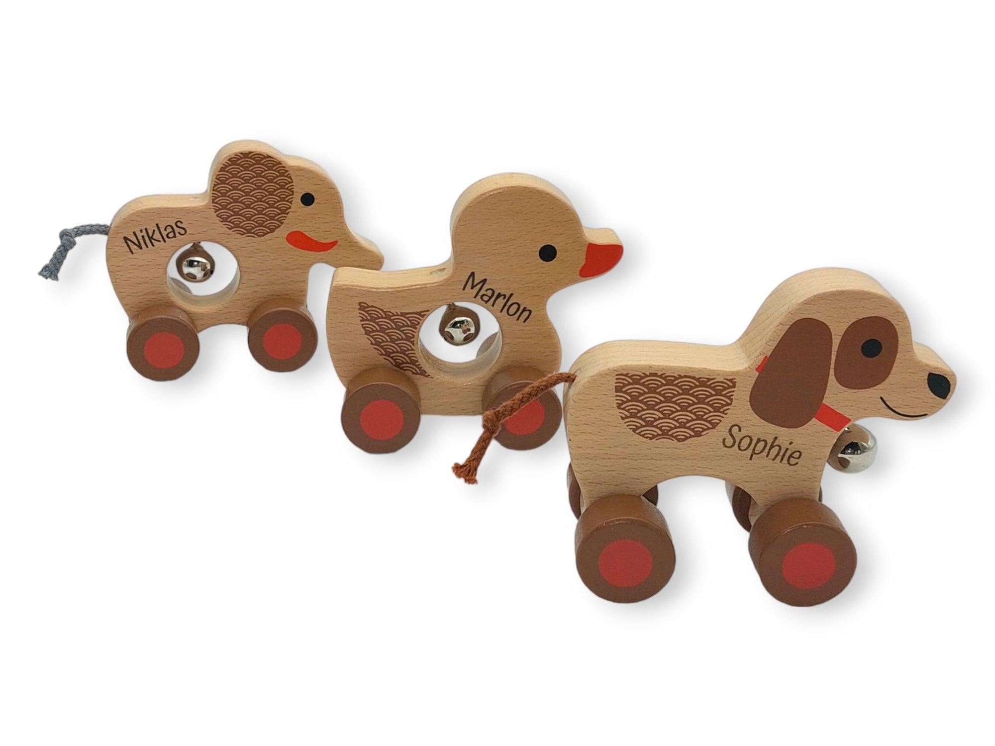 Rollertier mit Glocke personalisiert mit Name, Schiebtier, Holztier