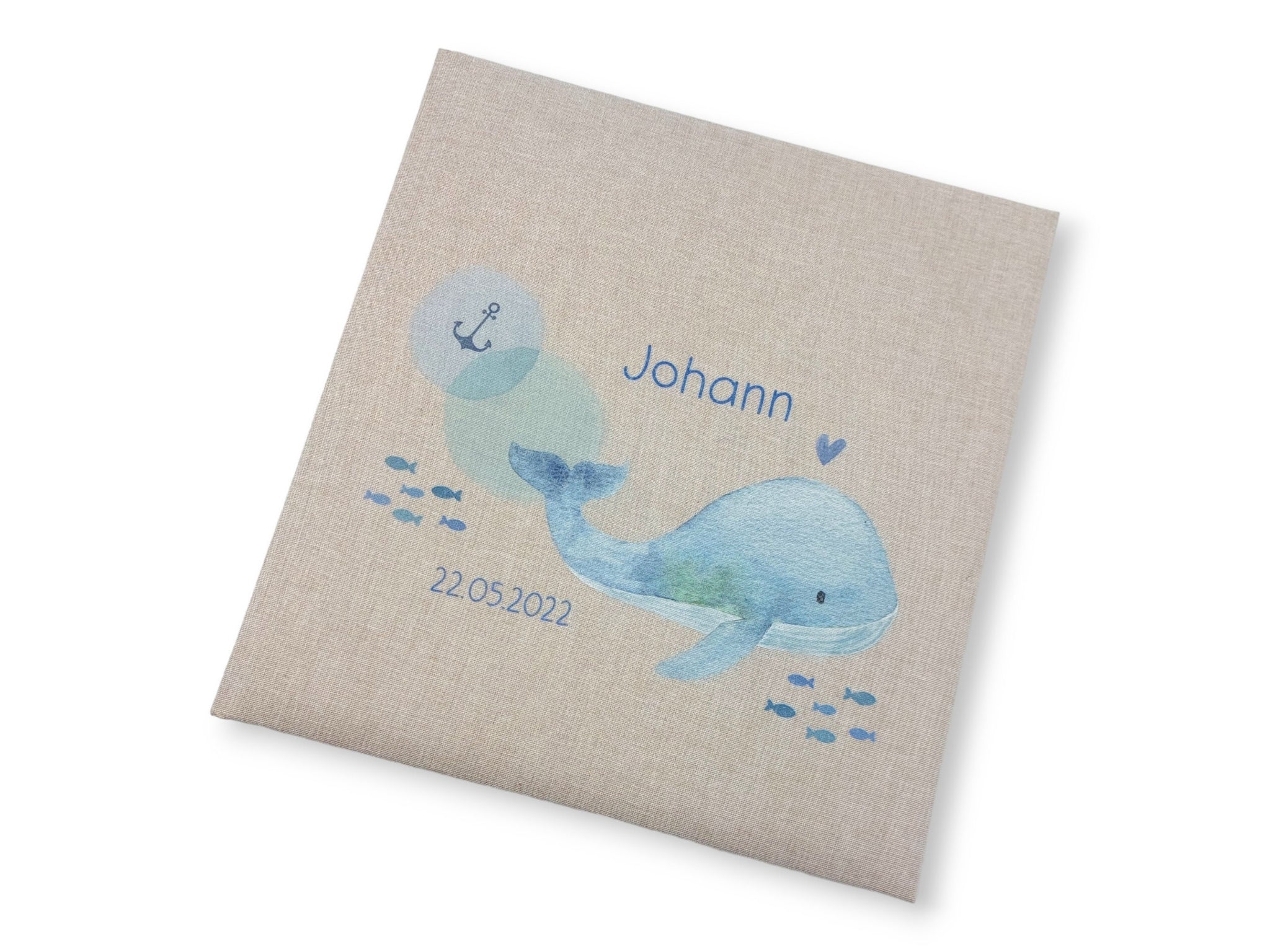 Fotoalbum personalisiert Baby, Kind "Wal, Anker, Fische" Leinen, Erinnerungsalbum