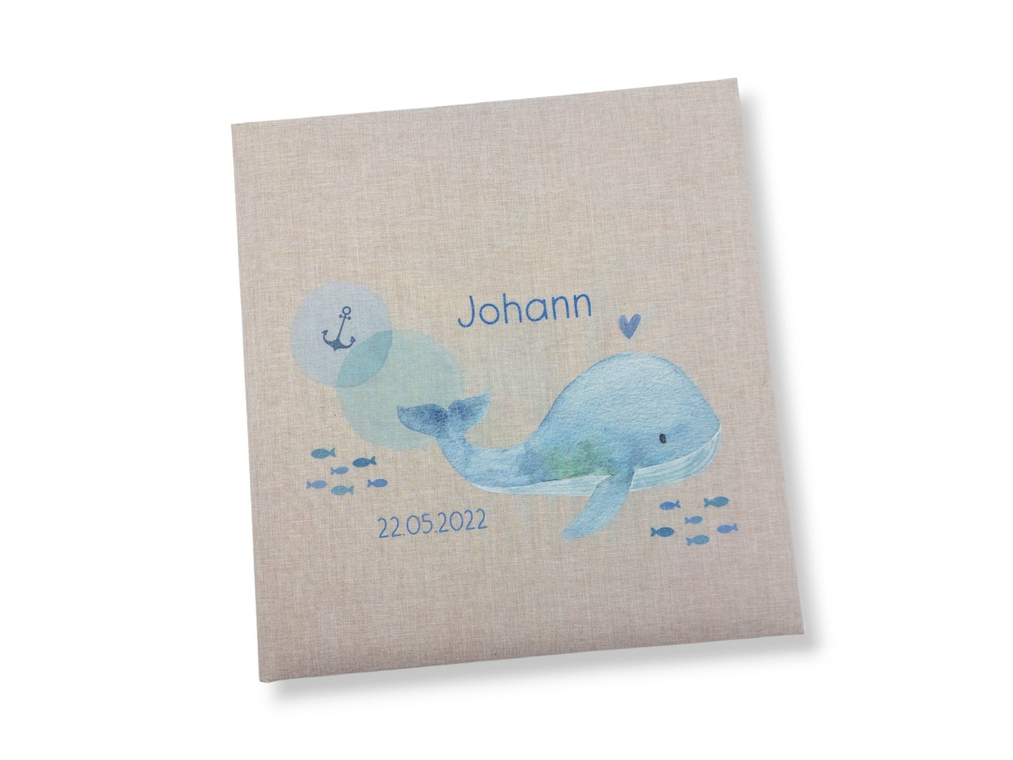 Fotoalbum personalisiert Baby, Kind "Wal, Anker, Fische" Leinen, Erinnerungsalbum