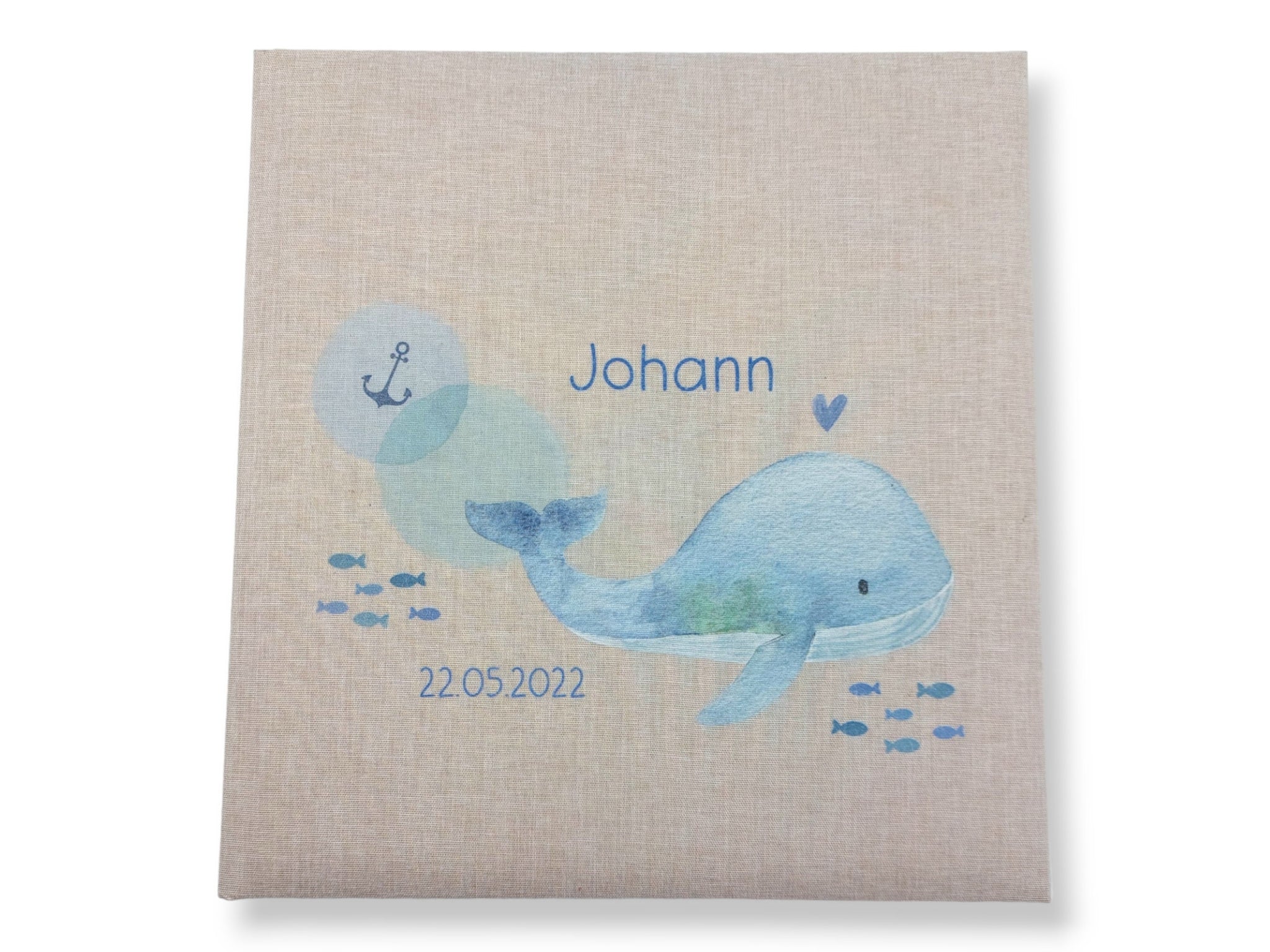 Fotoalbum personalisiert Baby, Kind "Wal, Anker, Fische" Leinen, Erinnerungsalbum