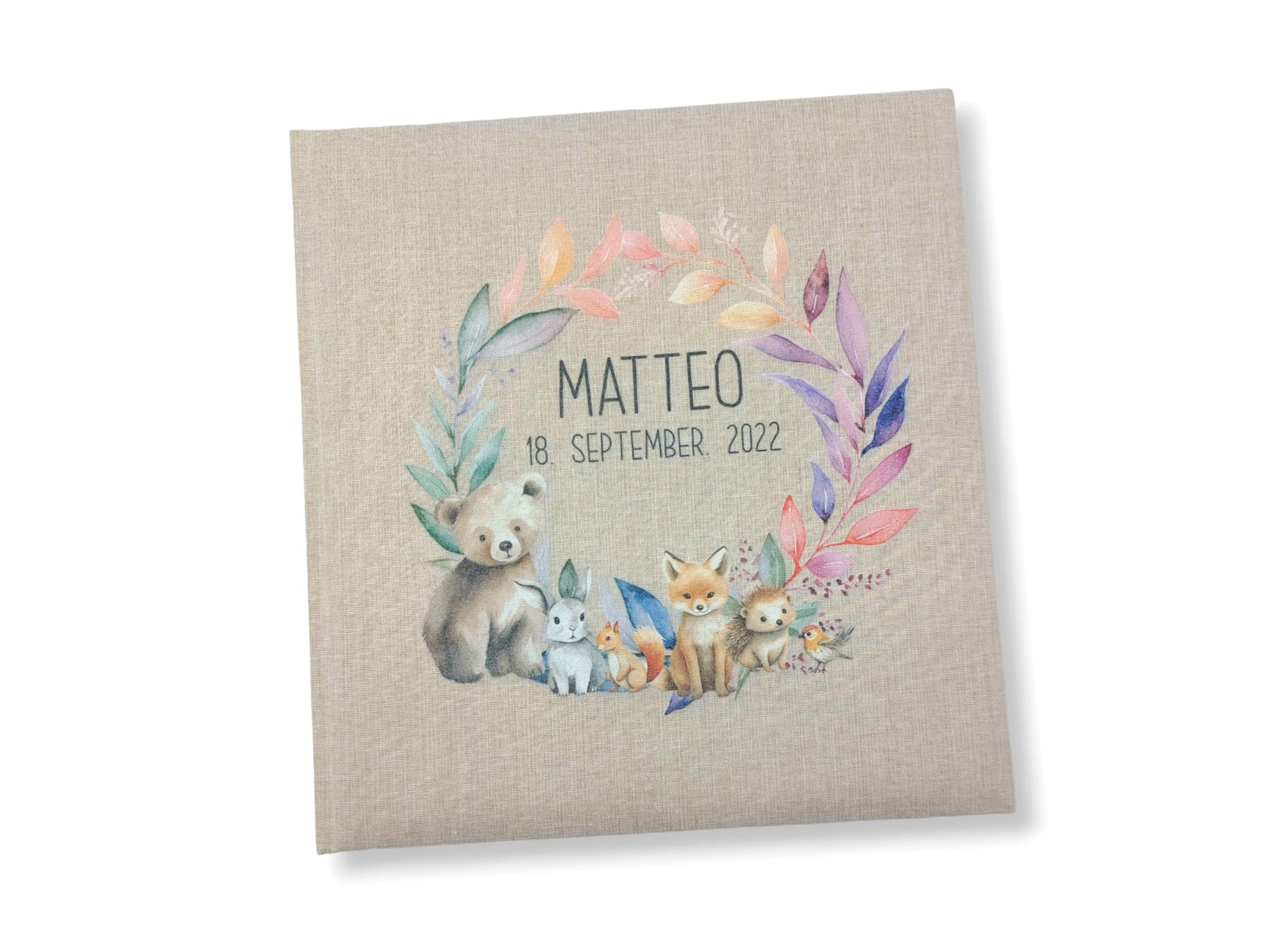 Fotoalbum personalisiert Baby, Kind "Forest Tiere Kranz" Leinen, Erinnerungsalbum