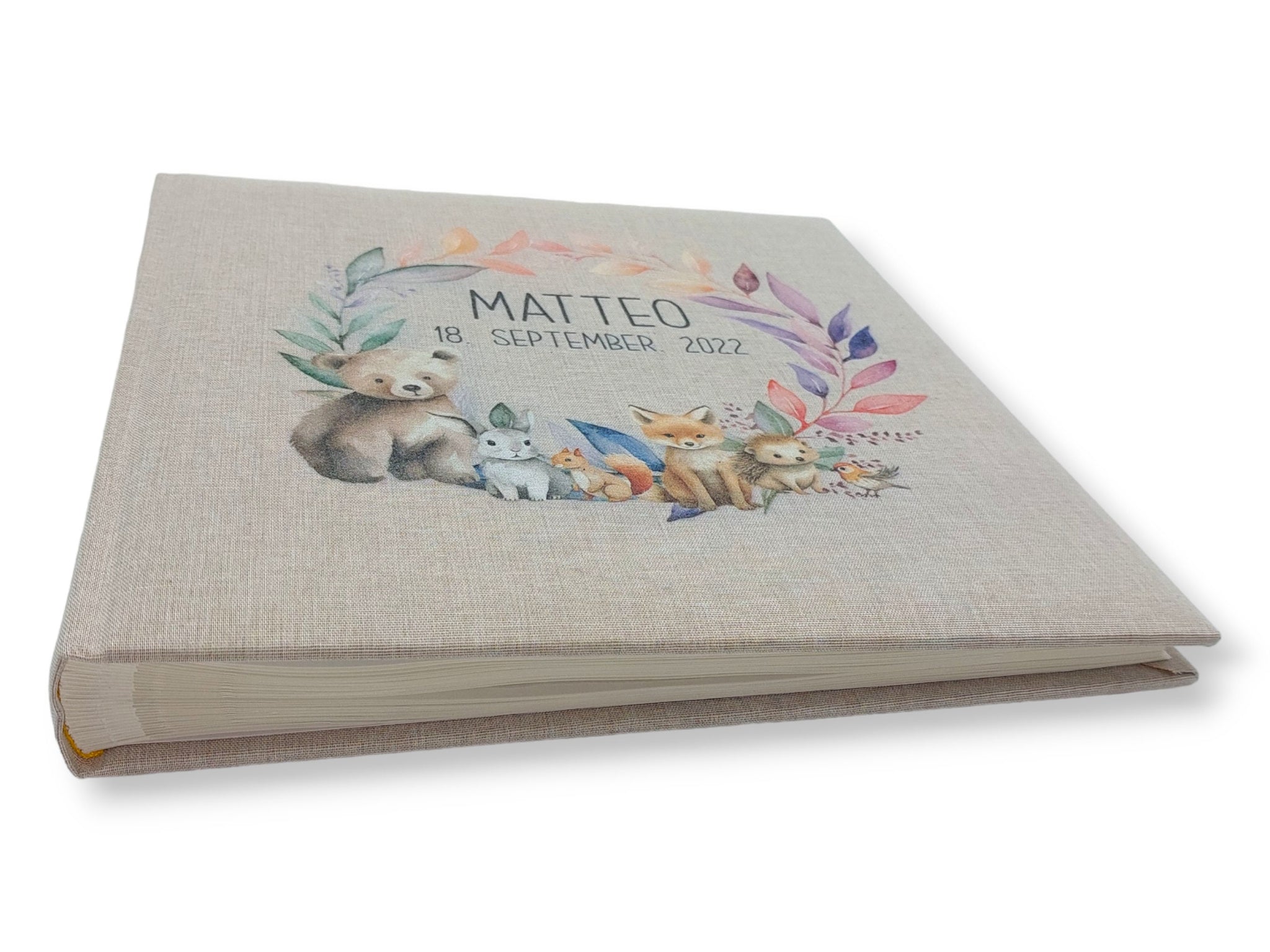 Fotoalbum personalisiert Baby, Kind "Forest Tiere Kranz" Leinen, Erinnerungsalbum