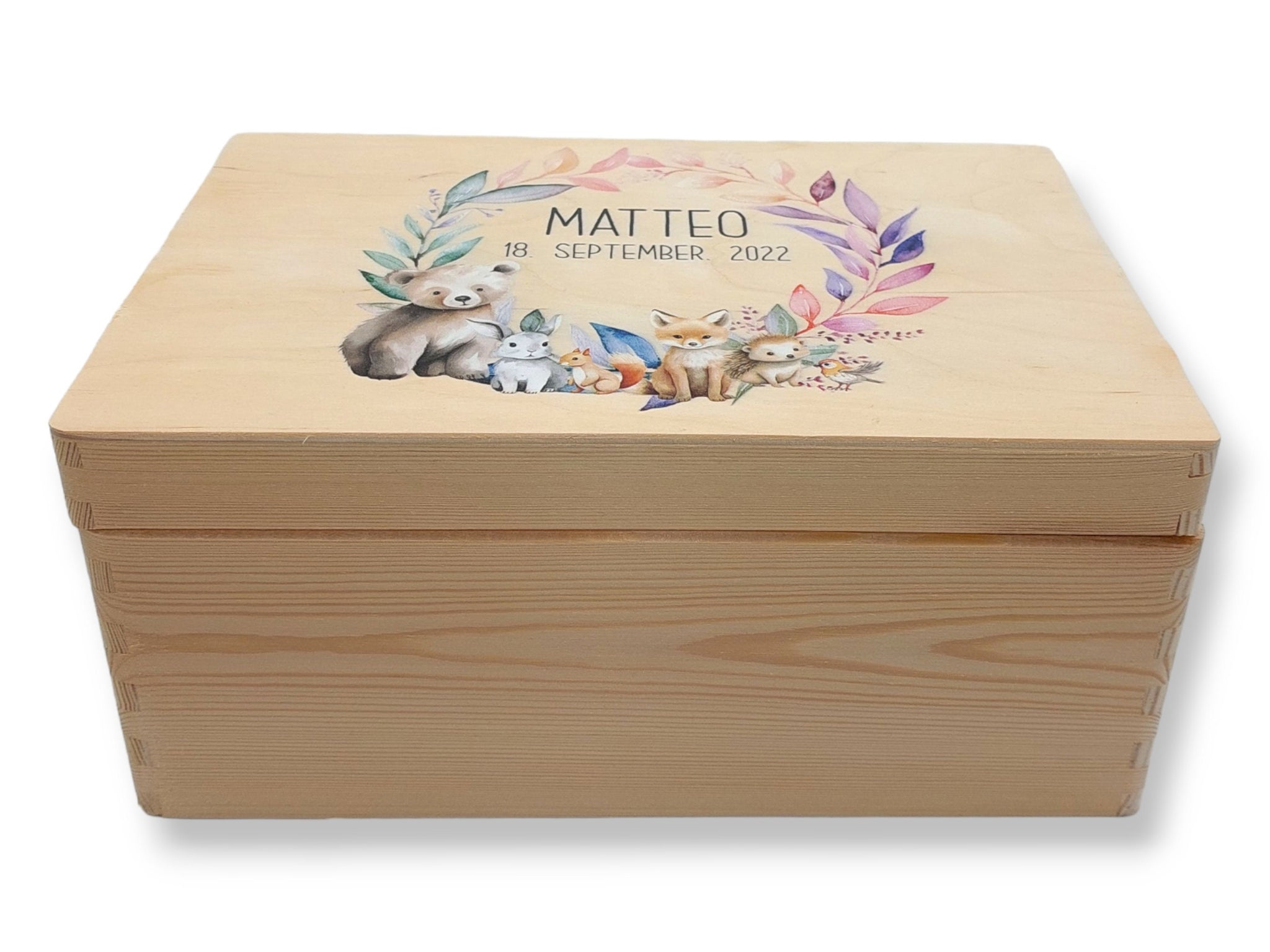 Erinnerungskiste Baby mit Namen "Forest Tiere Kranz" Geburtsdatum Erinnerungsbox für Kinder, Erinnerungskiste Holz, Geschenkidee Geburt