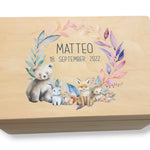 Erinnerungskiste Baby mit Namen "Forest Tiere Kranz" Geburtsdatum Erinnerungsbox für Kinder, Erinnerungskiste Holz, Geschenkidee Geburt