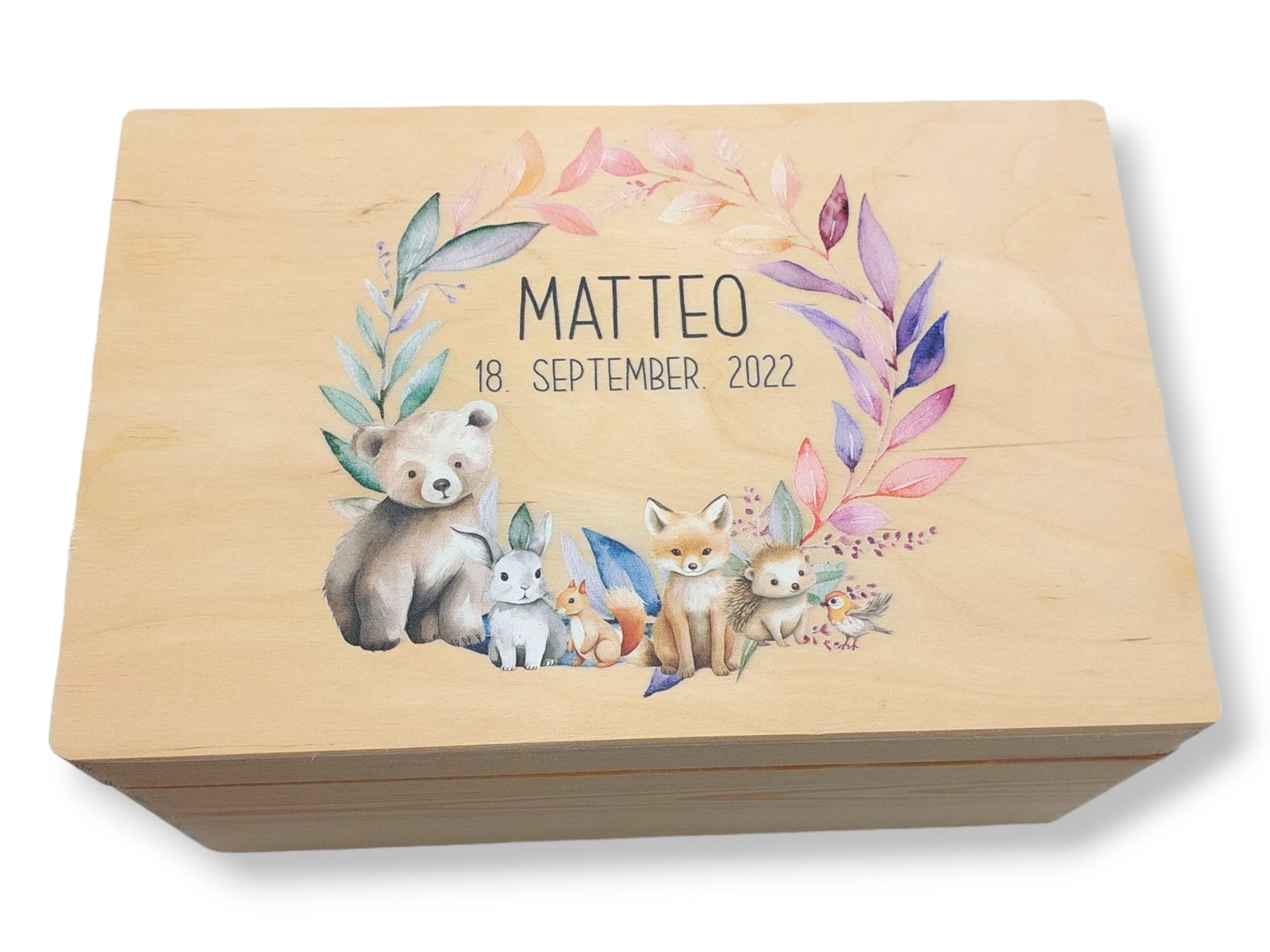 Erinnerungskiste Baby mit Namen "Forest Tiere Kranz" Geburtsdatum Erinnerungsbox für Kinder, Erinnerungskiste Holz, Geschenkidee Geburt