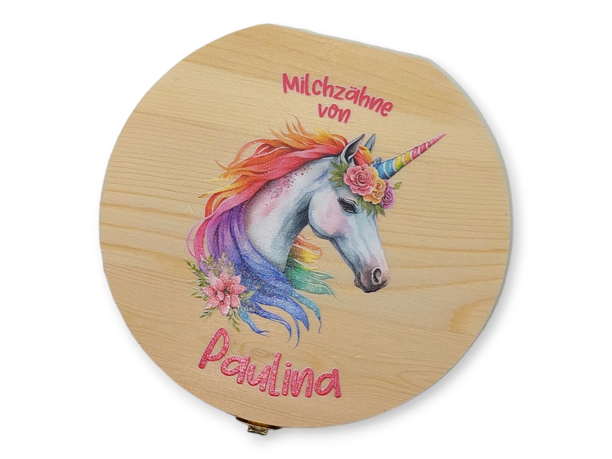 Milchzahndose personalisiert "Einhorn bunt" / Milchzahnbox aus Holz