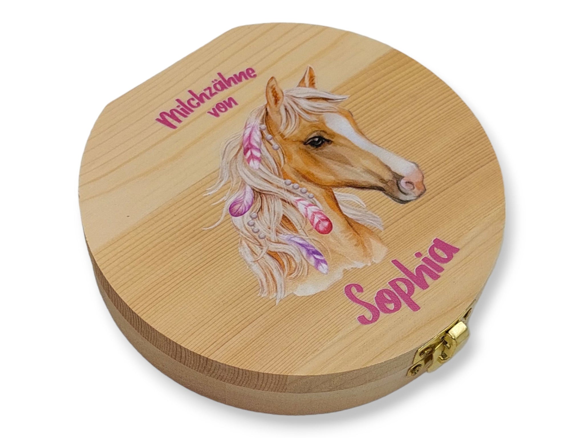 Milchzahndose personalisiert "Pferd Federn" / Milchzahnbox aus Holz