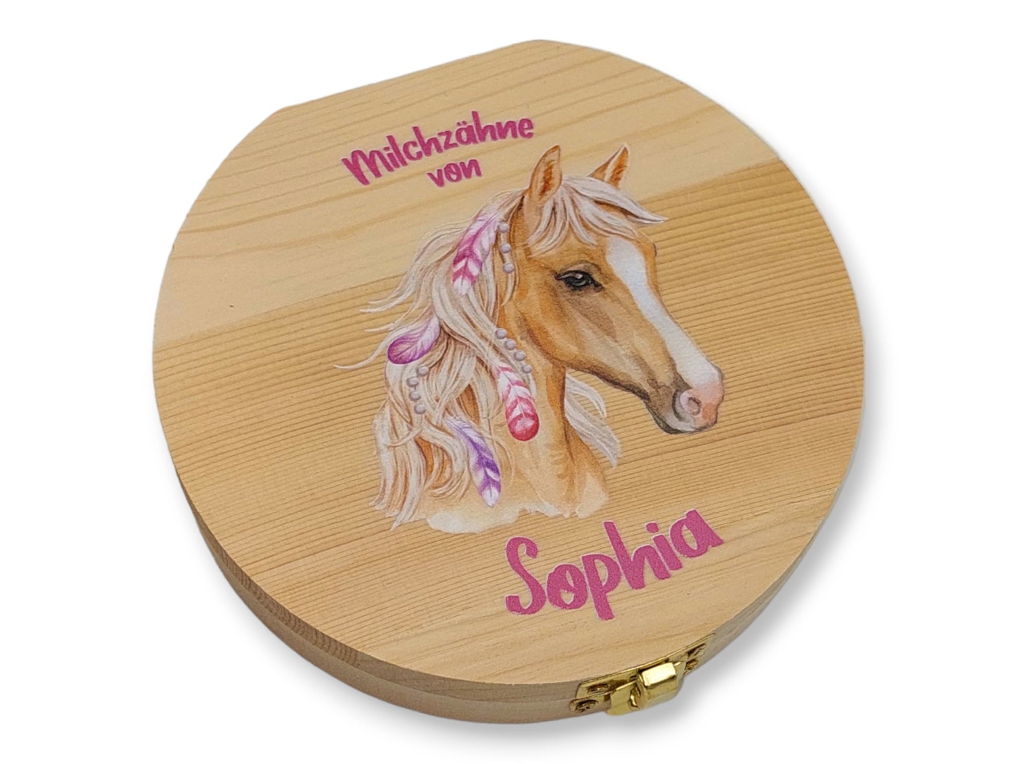 Milchzahndose personalisiert "Pferd Federn" / Milchzahnbox aus Holz