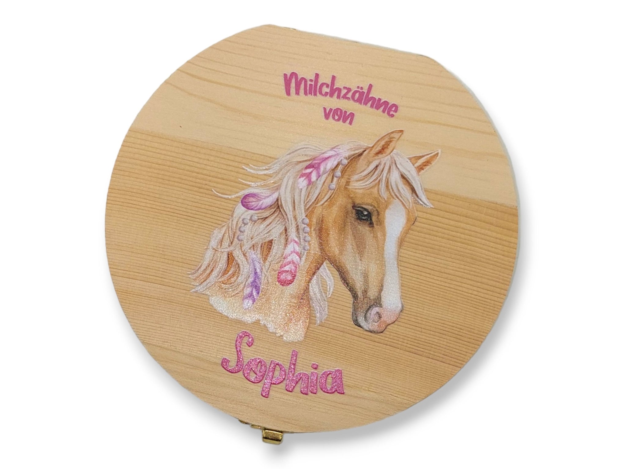 Milchzahndose personalisiert "Pferd Federn" / Milchzahnbox aus Holz