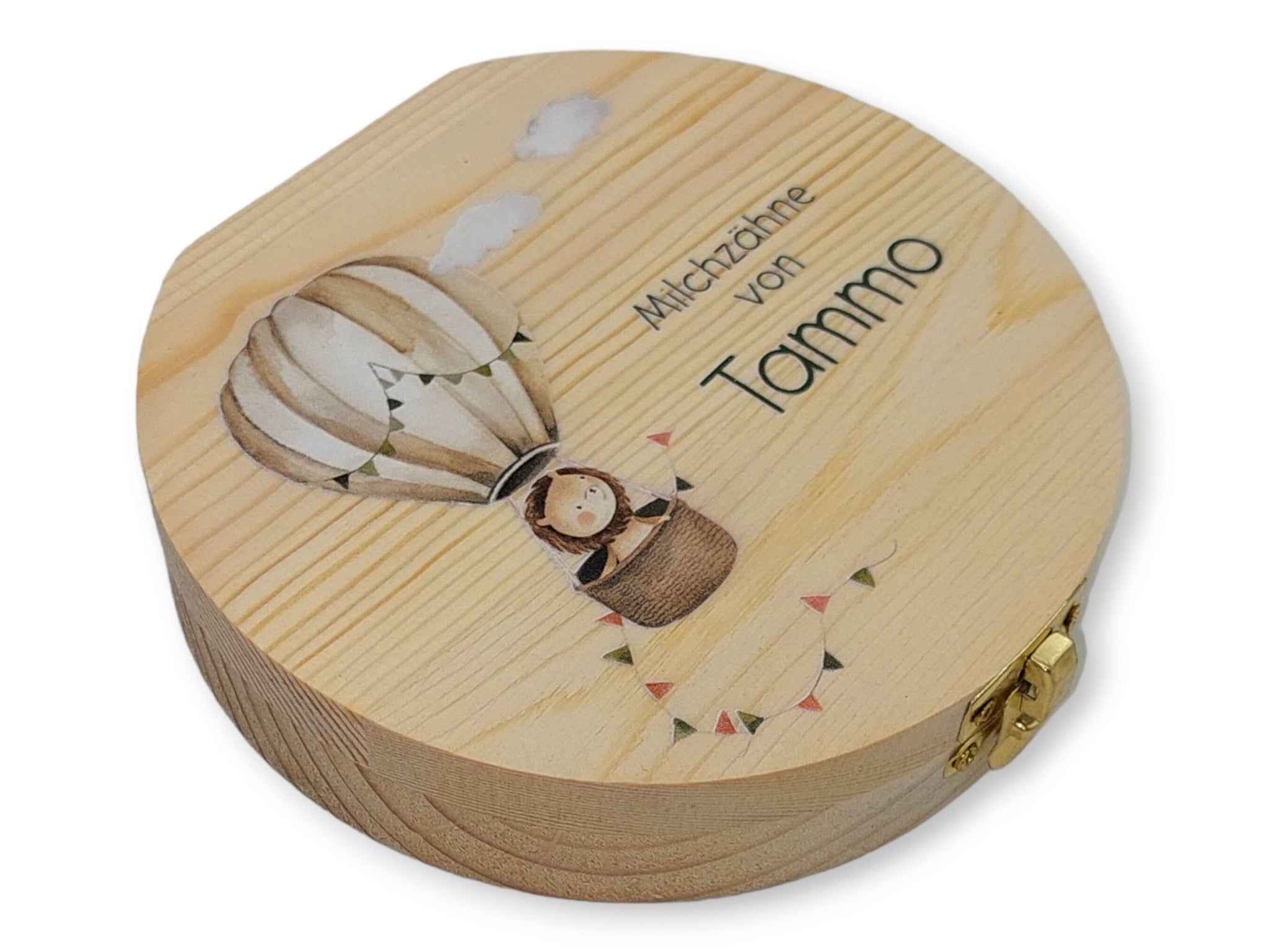 Milchzahndose personalisiert "Heißluftballon Löwe" / Milchzahnbox aus Holz