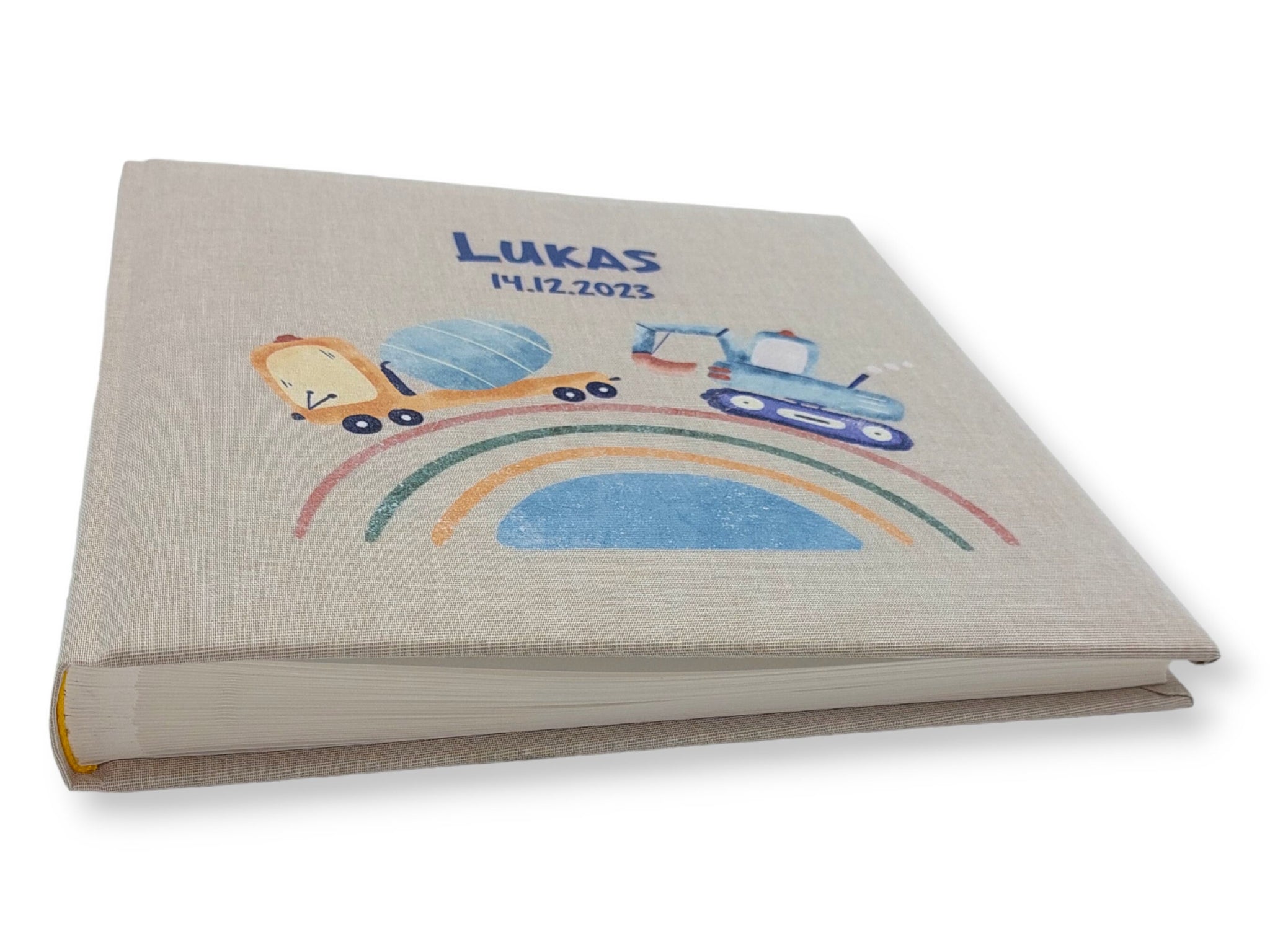 Fotoalbum personalisiert Baby, Kind "Regenbogen Fahrzeuge" Leinen, Erinnerungsalbum