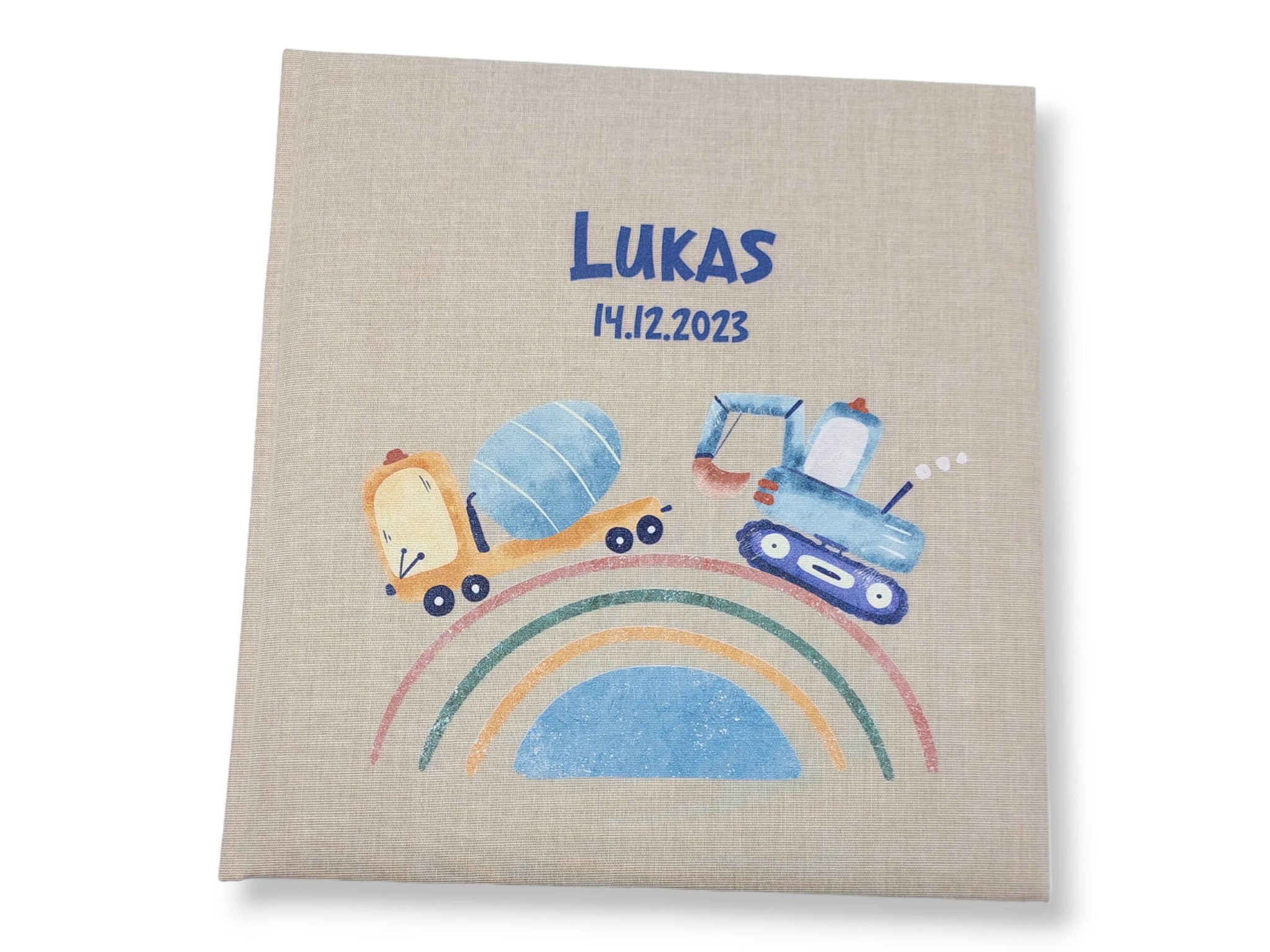 Fotoalbum personalisiert Baby, Kind "Regenbogen Fahrzeuge" Leinen, Erinnerungsalbum