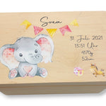 Erinnerungskiste Baby mit Namen "Elefant Wimpel rosa" Geburtsdatum Erinnerungsbox für Kinder