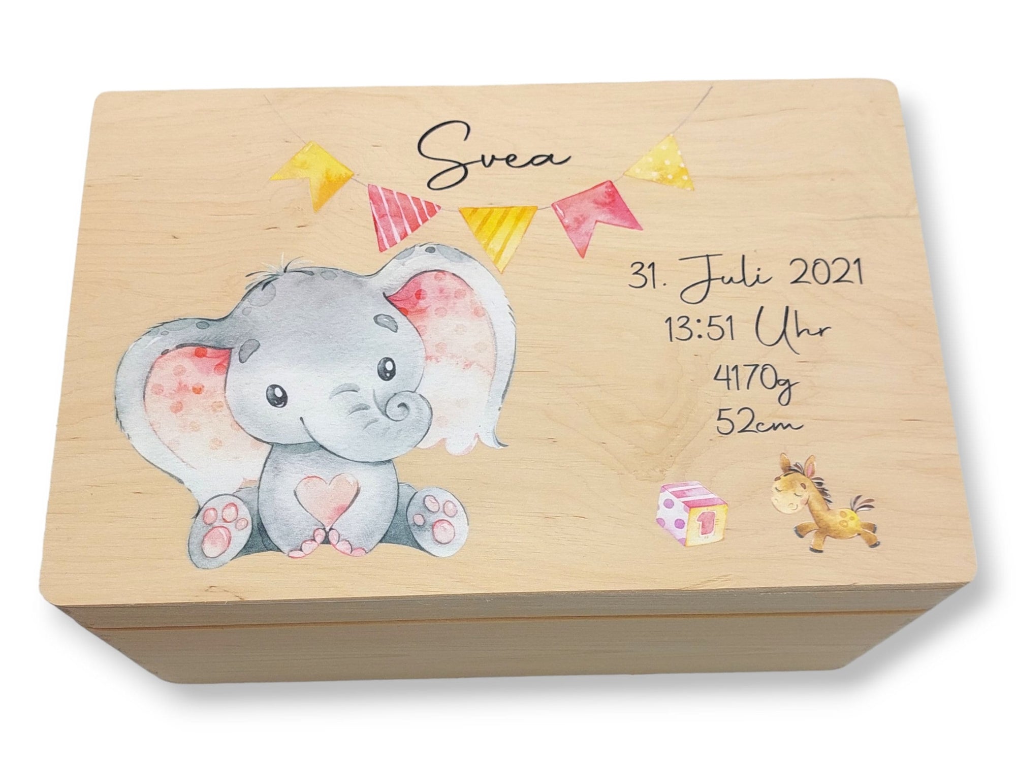 Erinnerungskiste Baby mit Namen "Elefant Wimpel rosa" Geburtsdatum Erinnerungsbox für Kinder