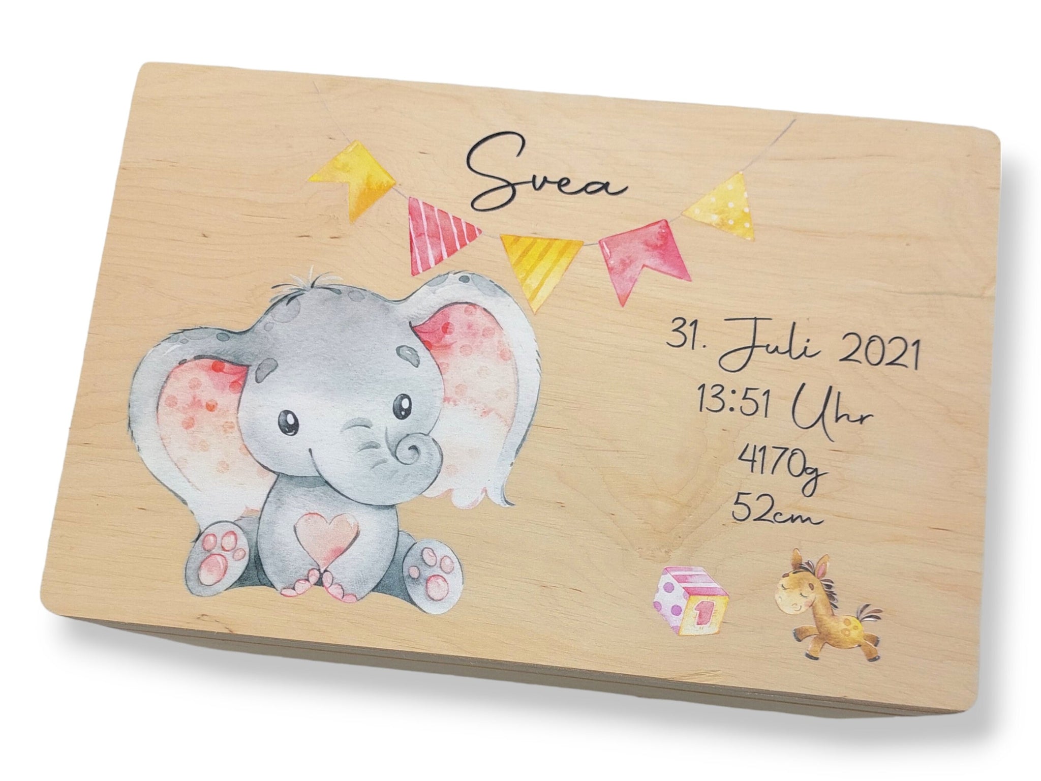 Erinnerungskiste Baby mit Namen "Elefant Wimpel rosa" Geburtsdatum Erinnerungsbox für Kinder