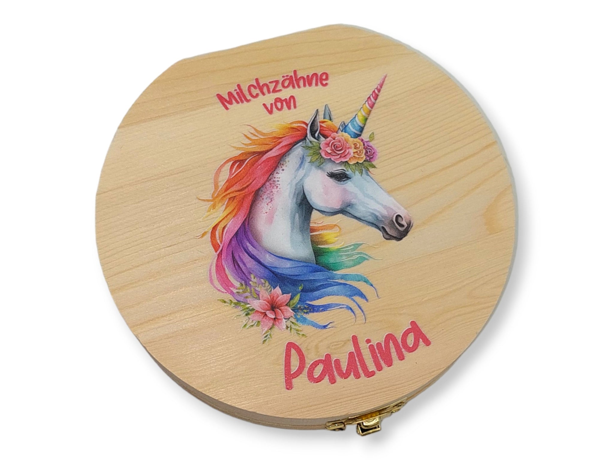 Milchzahndose personalisiert "Einhorn bunt" / Milchzahnbox aus Holz