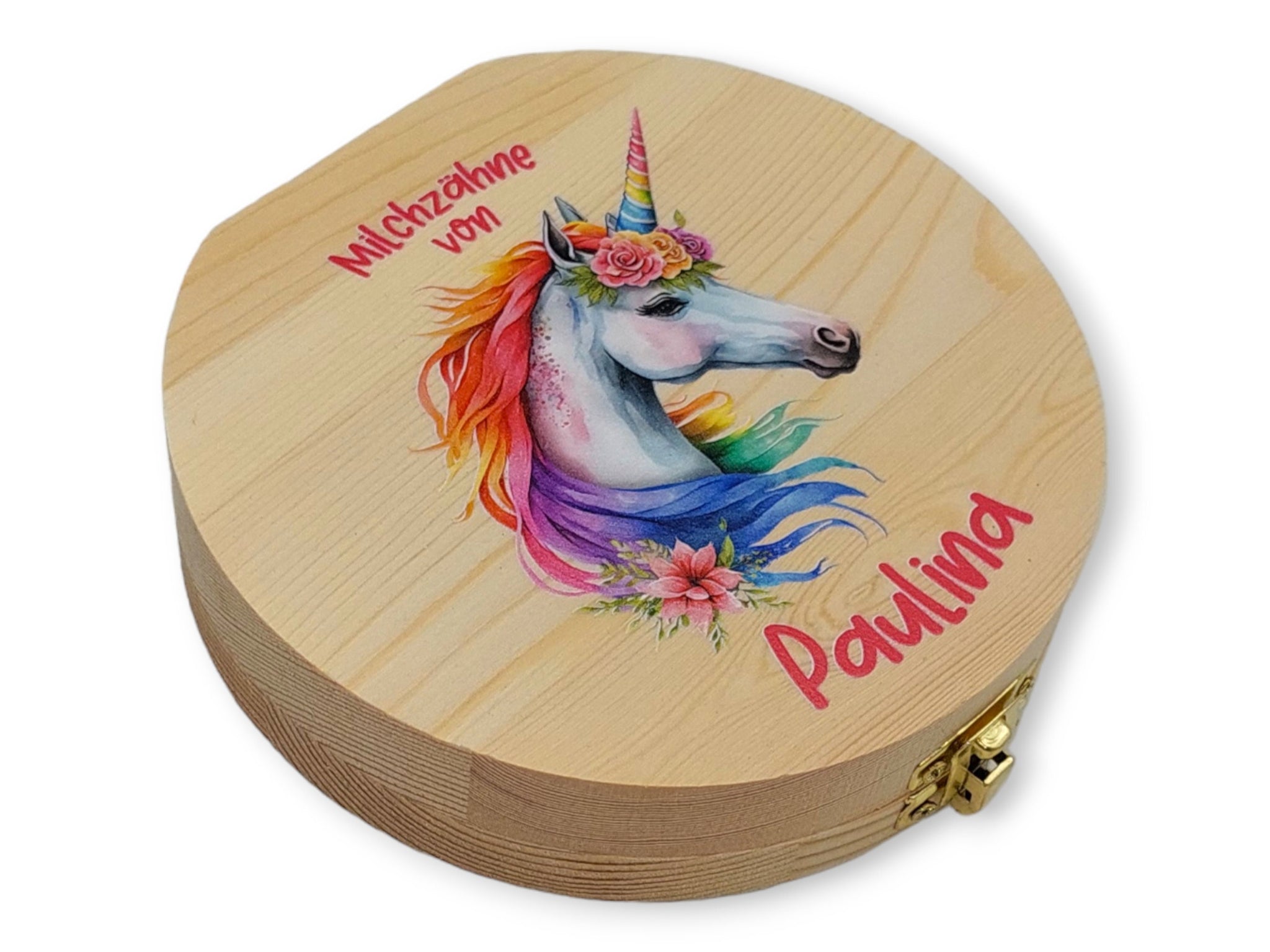 Milchzahndose personalisiert "Einhorn bunt" / Milchzahnbox aus Holz