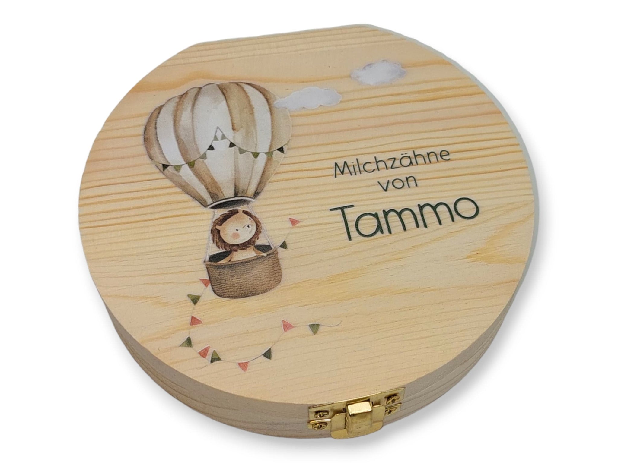 Milchzahndose personalisiert "Heißluftballon Löwe" / Milchzahnbox aus Holz