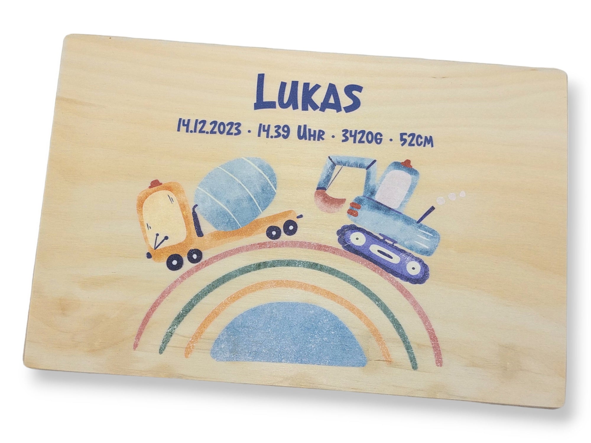 Erinnerungskiste Baby mit Namen "Regenbogen Fahrzeuge" Geburtsdatum Erinnerungsbox für Kinder