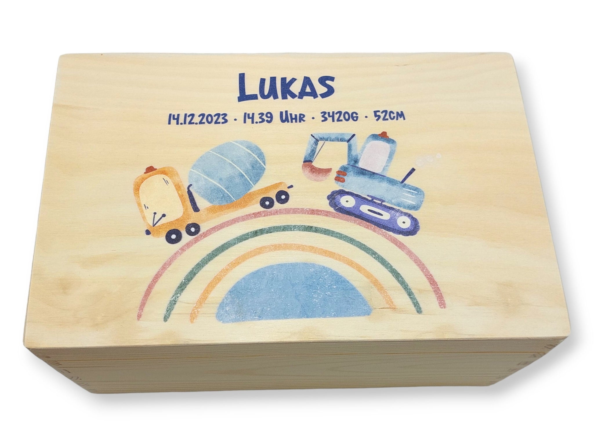 Erinnerungskiste Baby mit Namen "Regenbogen Fahrzeuge" Geburtsdatum Erinnerungsbox für Kinder
