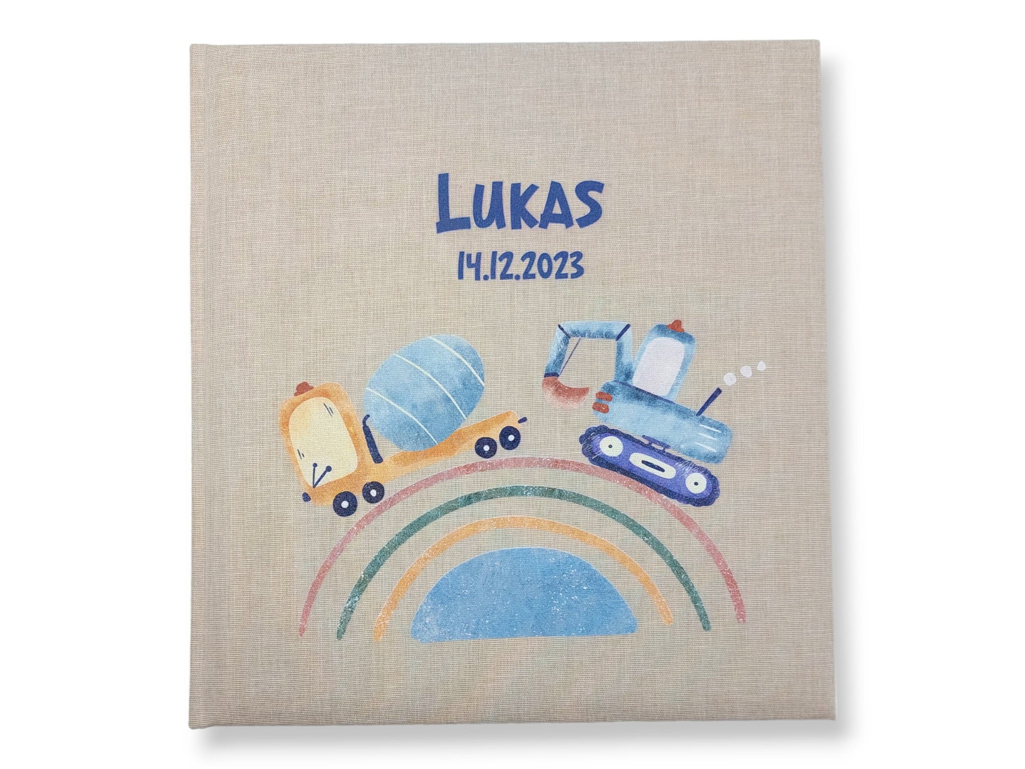 Fotoalbum personalisiert Baby, Kind "Regenbogen Fahrzeuge" Leinen, Erinnerungsalbum