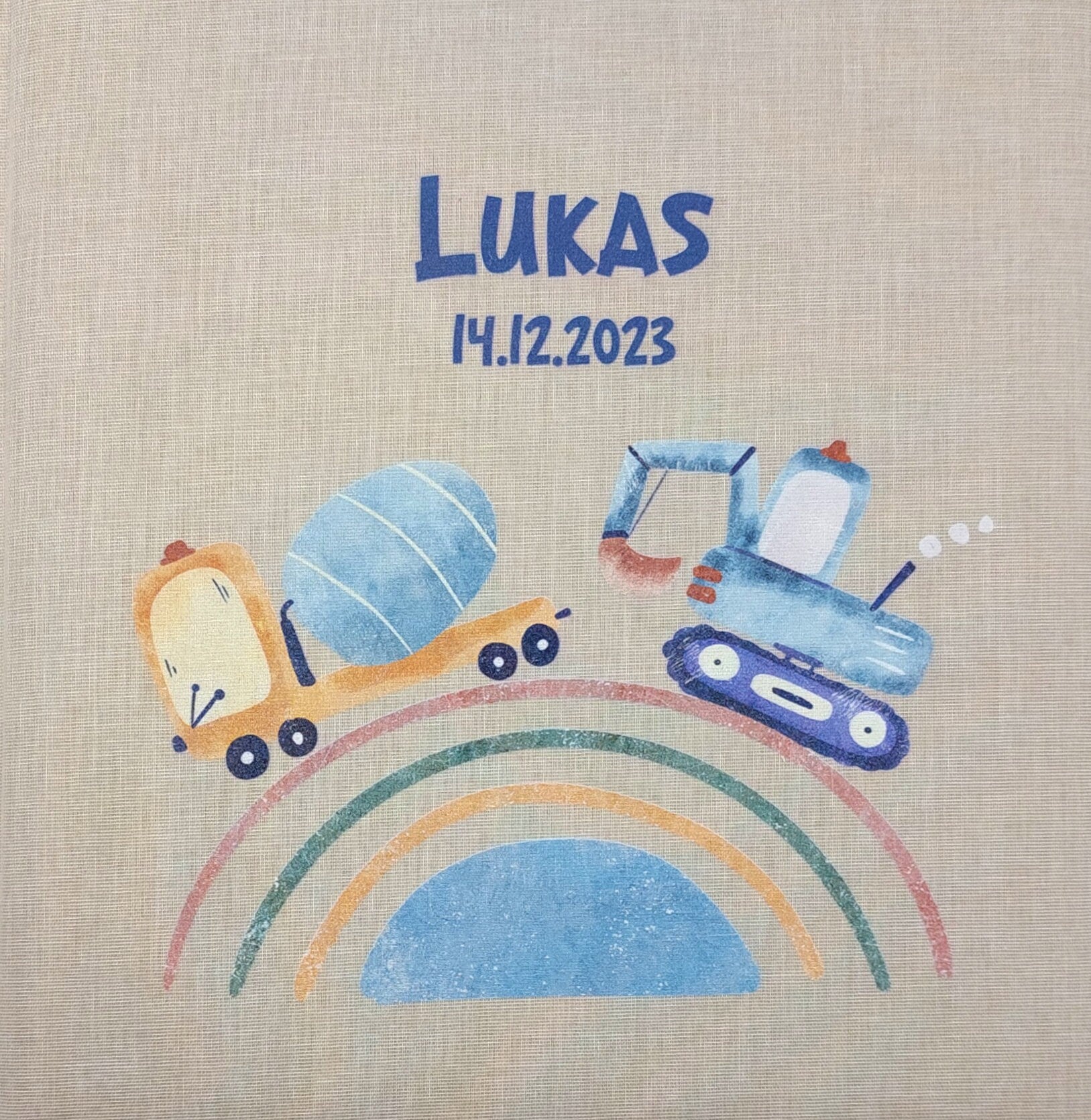 Fotoalbum personalisiert Baby, Kind "Regenbogen Fahrzeuge" Leinen, Erinnerungsalbum