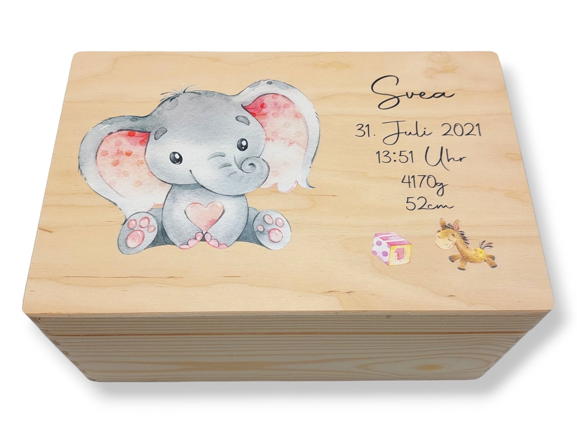 Erinnerungskiste Baby mit Namen "Elefant Wimpel rosa" Geburtsdatum Erinnerungsbox für Kinder