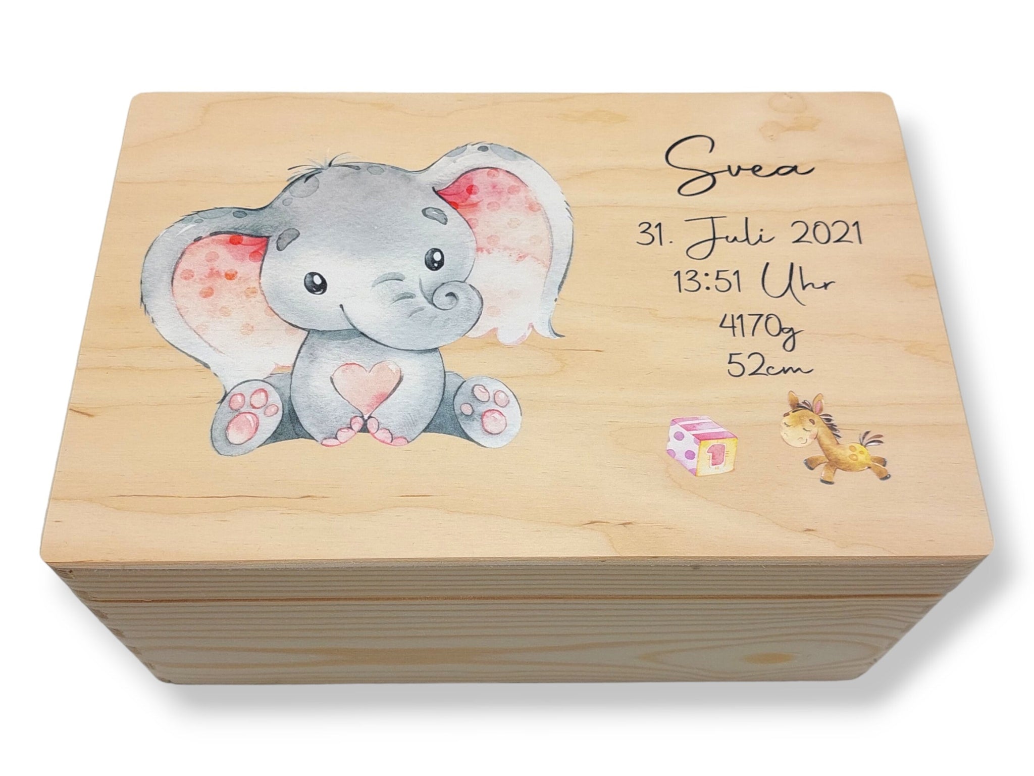 Erinnerungskiste Baby mit Namen "Elefant Wimpel rosa" Geburtsdatum Erinnerungsbox für Kinder