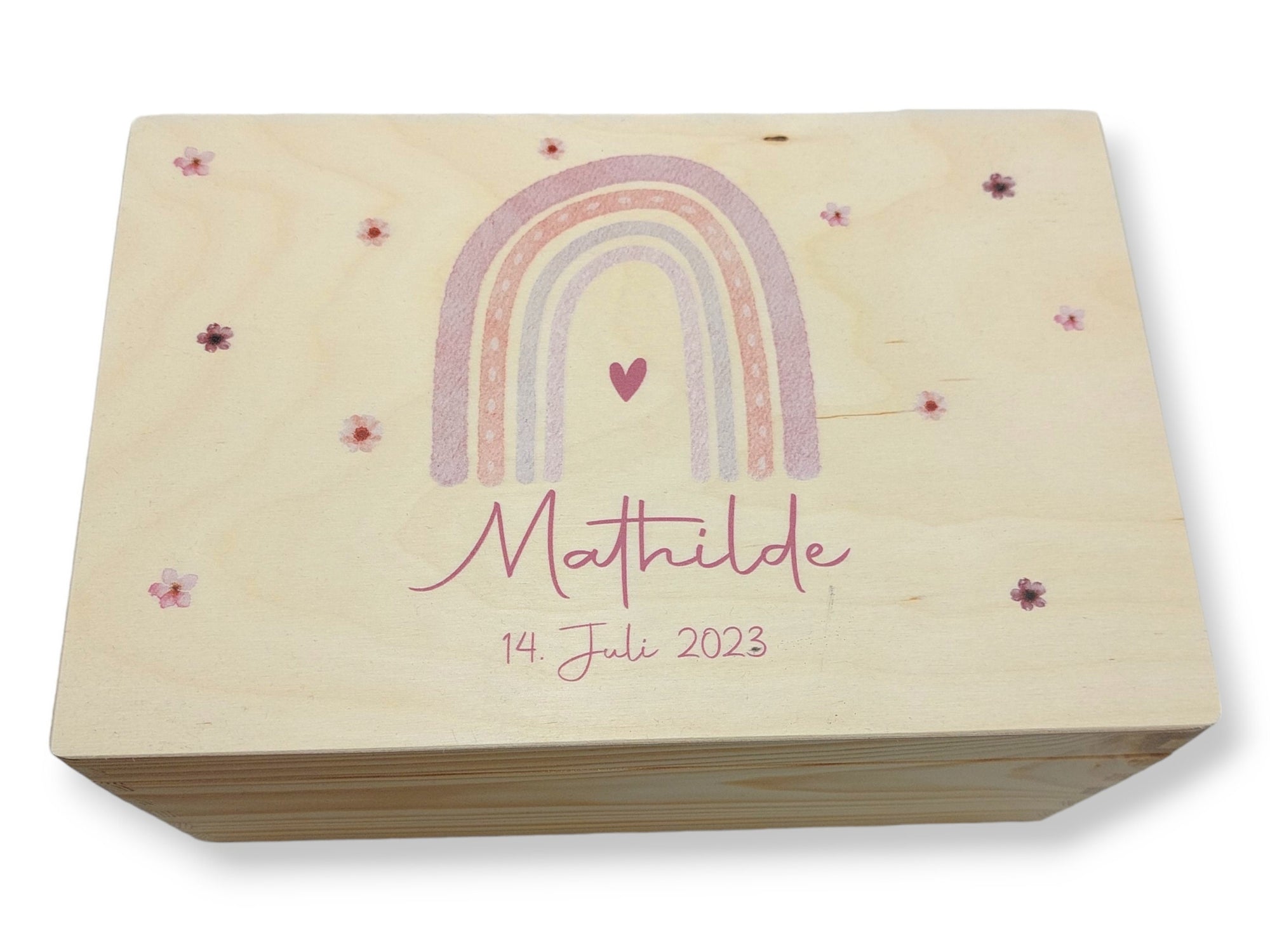 Erinnerungskiste Baby mit Namen "Regenbogen pastell" Geburtsdatum Erinnerungsbox für Kinder