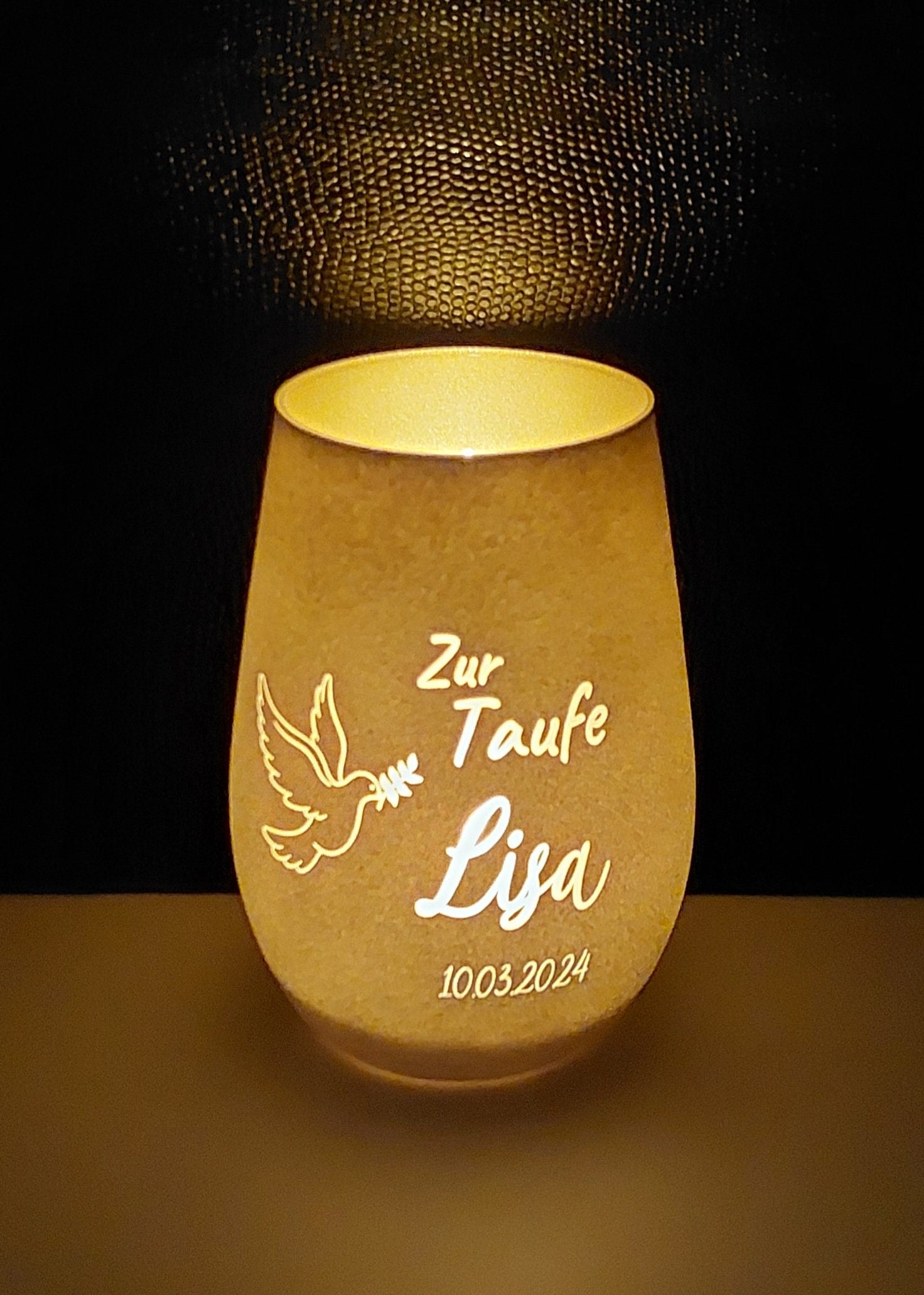 Windlicht personalisiert zur Taufe "Taube" Teelichthalter