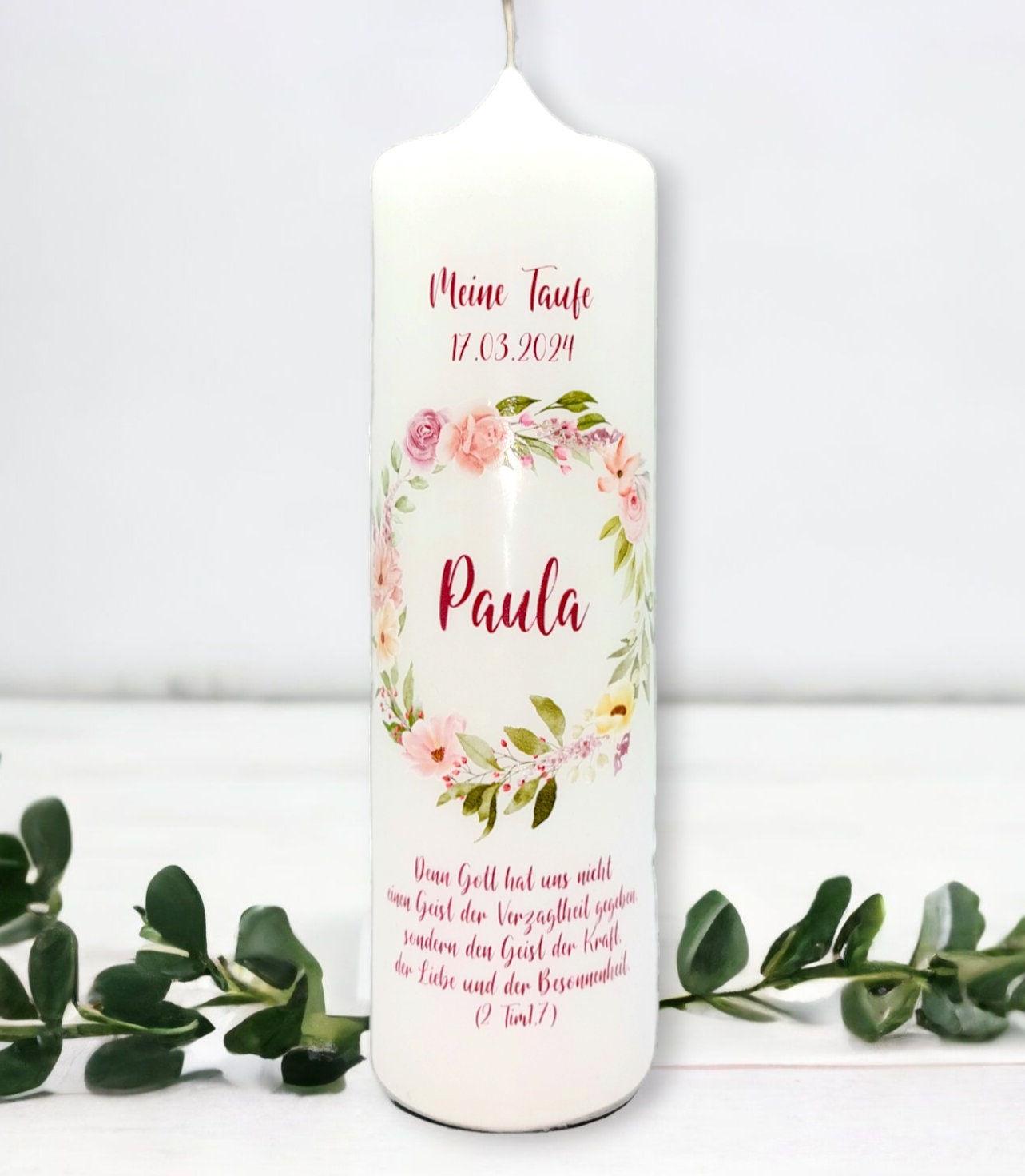 Taufkerze personalisiert mit Namen Datum und Taufspruch "Blumenkranz8", Junge/ Mädchen