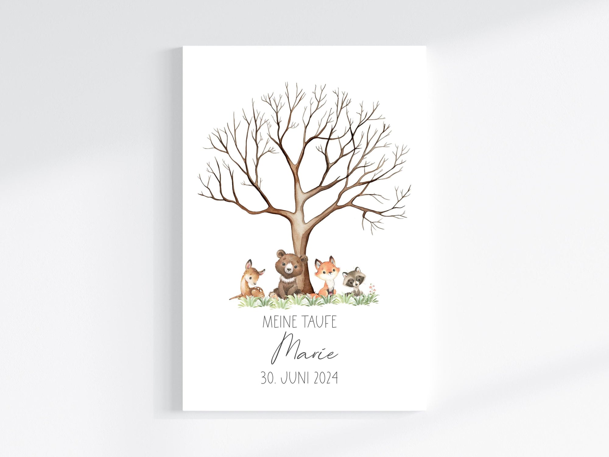 Fingerabdruck Gästebuch auf Keilrahmen personalisiert "Baum Waldtiere" Leinwand