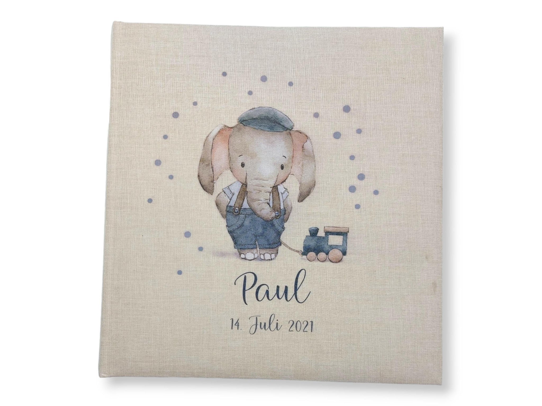 Fotoalbum personalisiert Baby, Kind "Elefant Eisenbahn" Leinen, Erinnerungsalbum