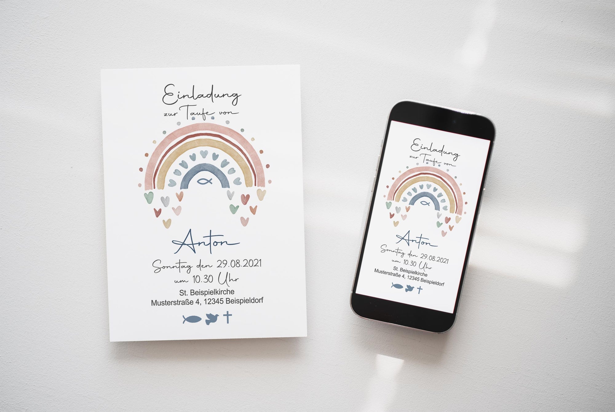 eCard/ Druckdatei Einladung Taufe "Regenbogen Herzen Fisch blau"