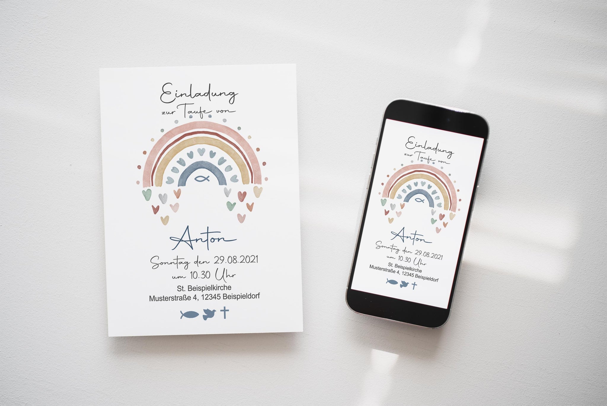 eCard/ Druckdatei Einladung Taufe "Regenbogen Herzen Fisch blau"