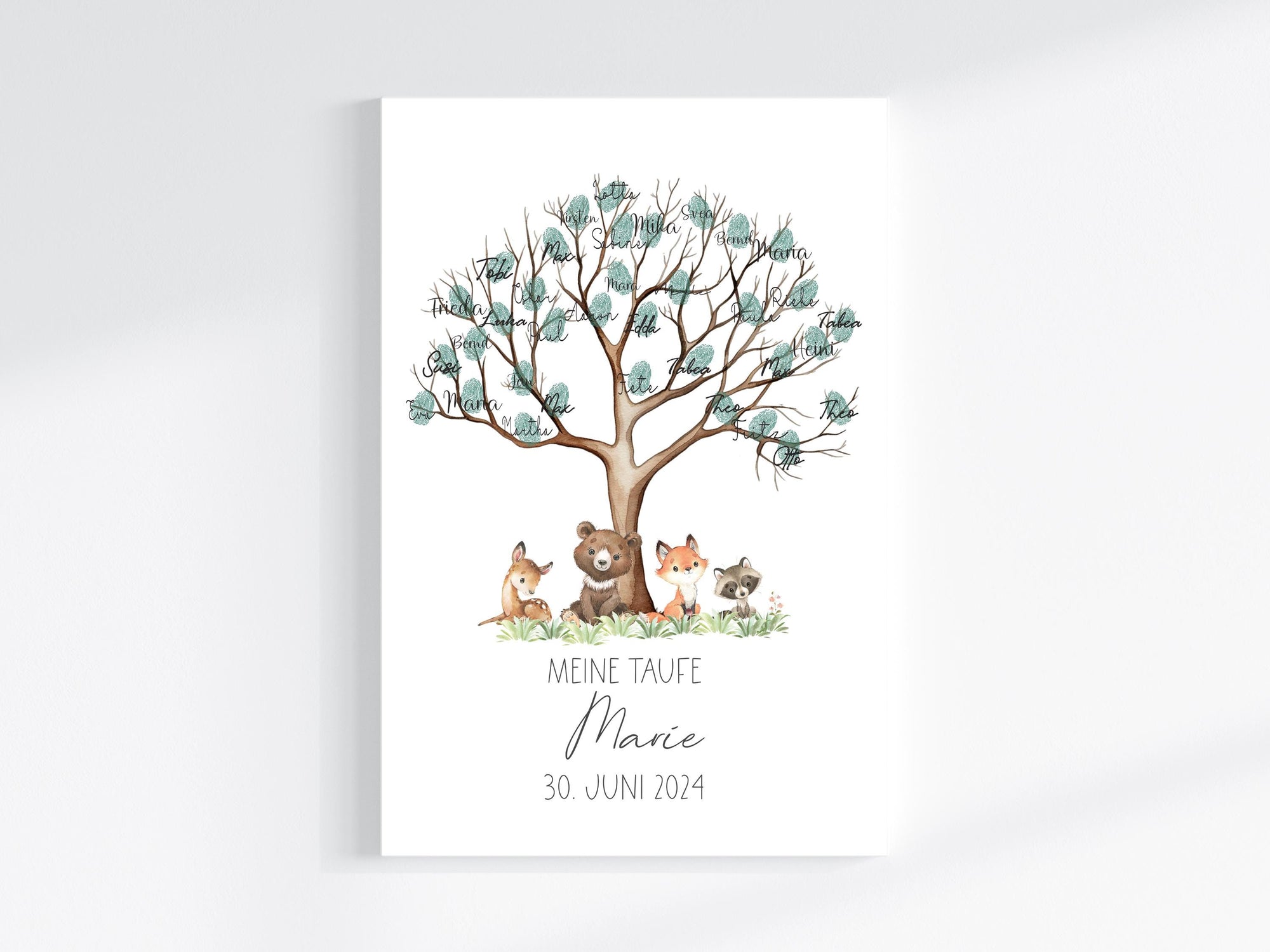 Fingerabdruck Gästebuch auf Keilrahmen personalisiert "Baum Waldtiere" Leinwand