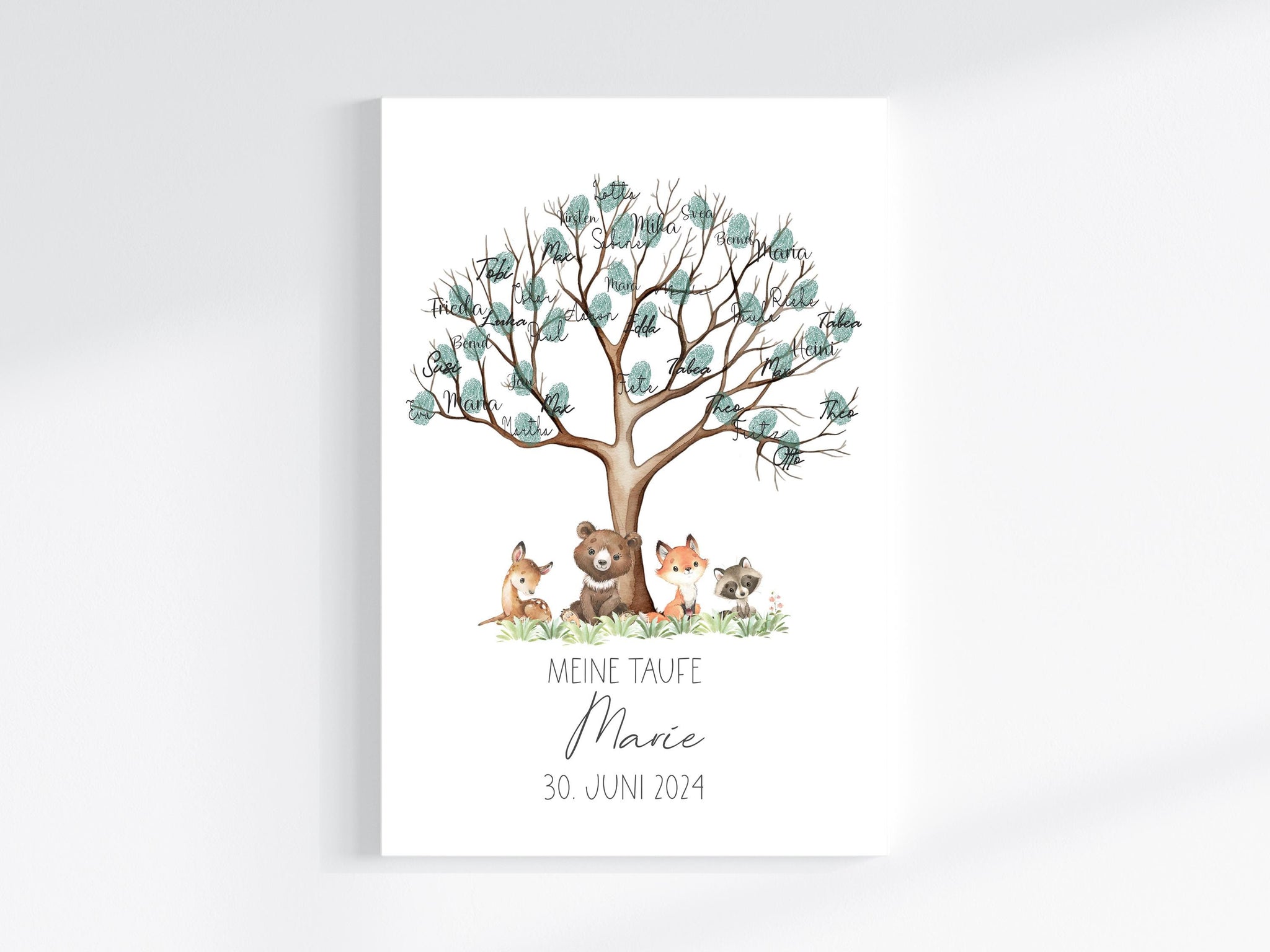 Fingerabdruck Gästebuch auf Keilrahmen personalisiert "Baum Waldtiere" Leinwand