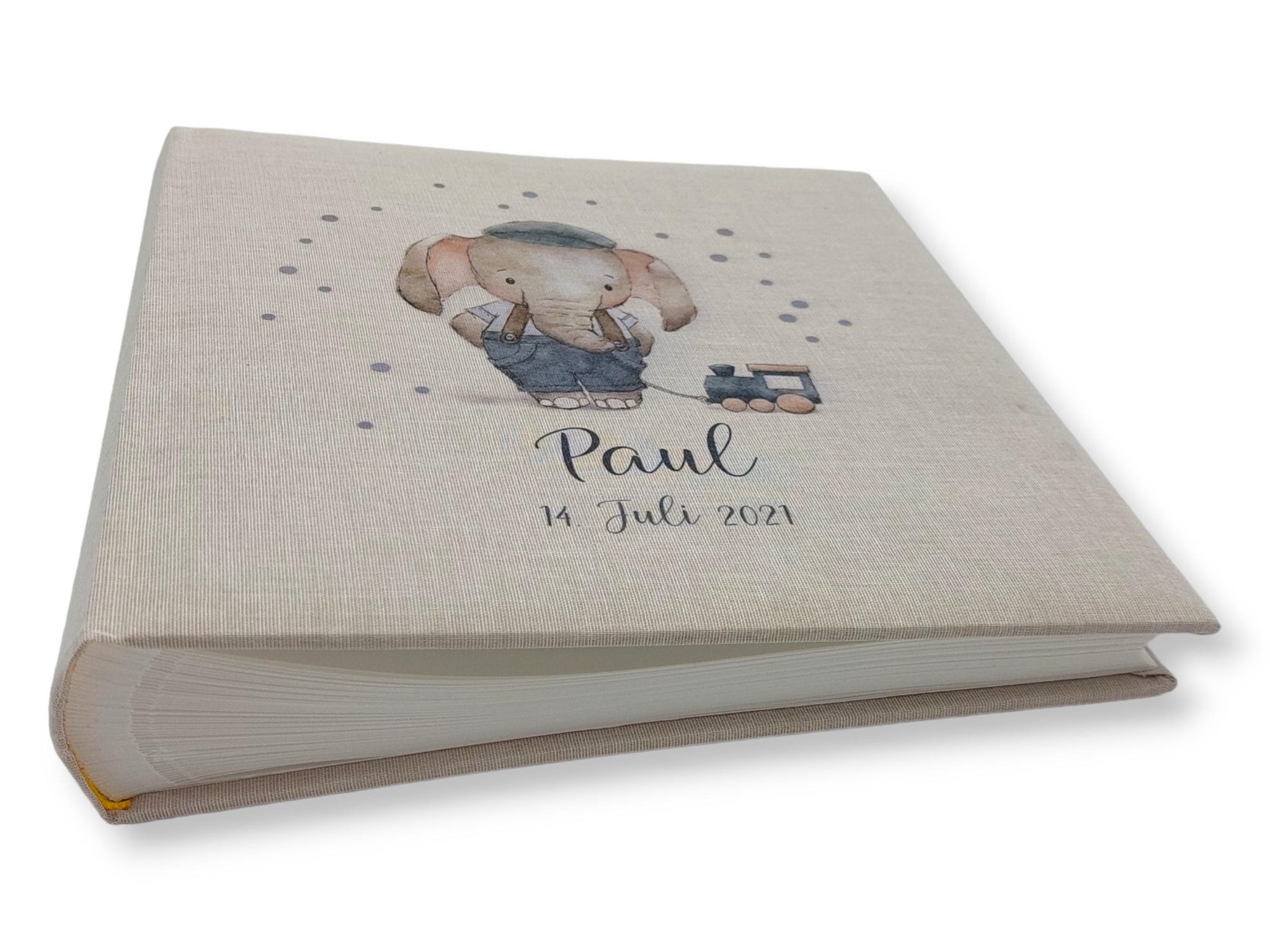 Fotoalbum personalisiert Baby, Kind "Elefant Eisenbahn" Leinen, Erinnerungsalbum