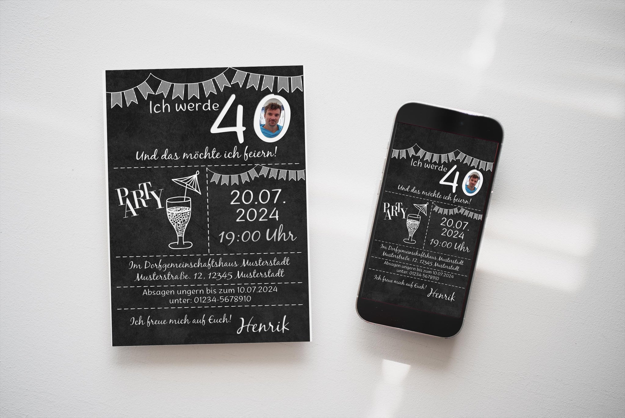 eCard/ Druckdatei Einladung Geburtstag Chalk weiß Party