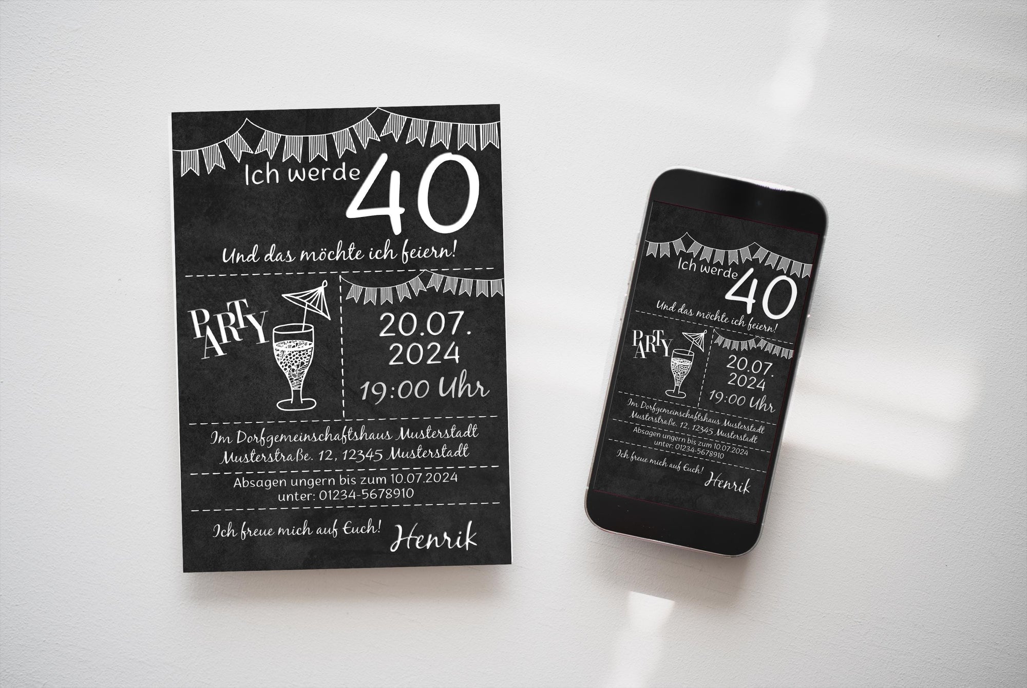 eCard/ Druckdatei Einladung Geburtstag Chalk weiß Party